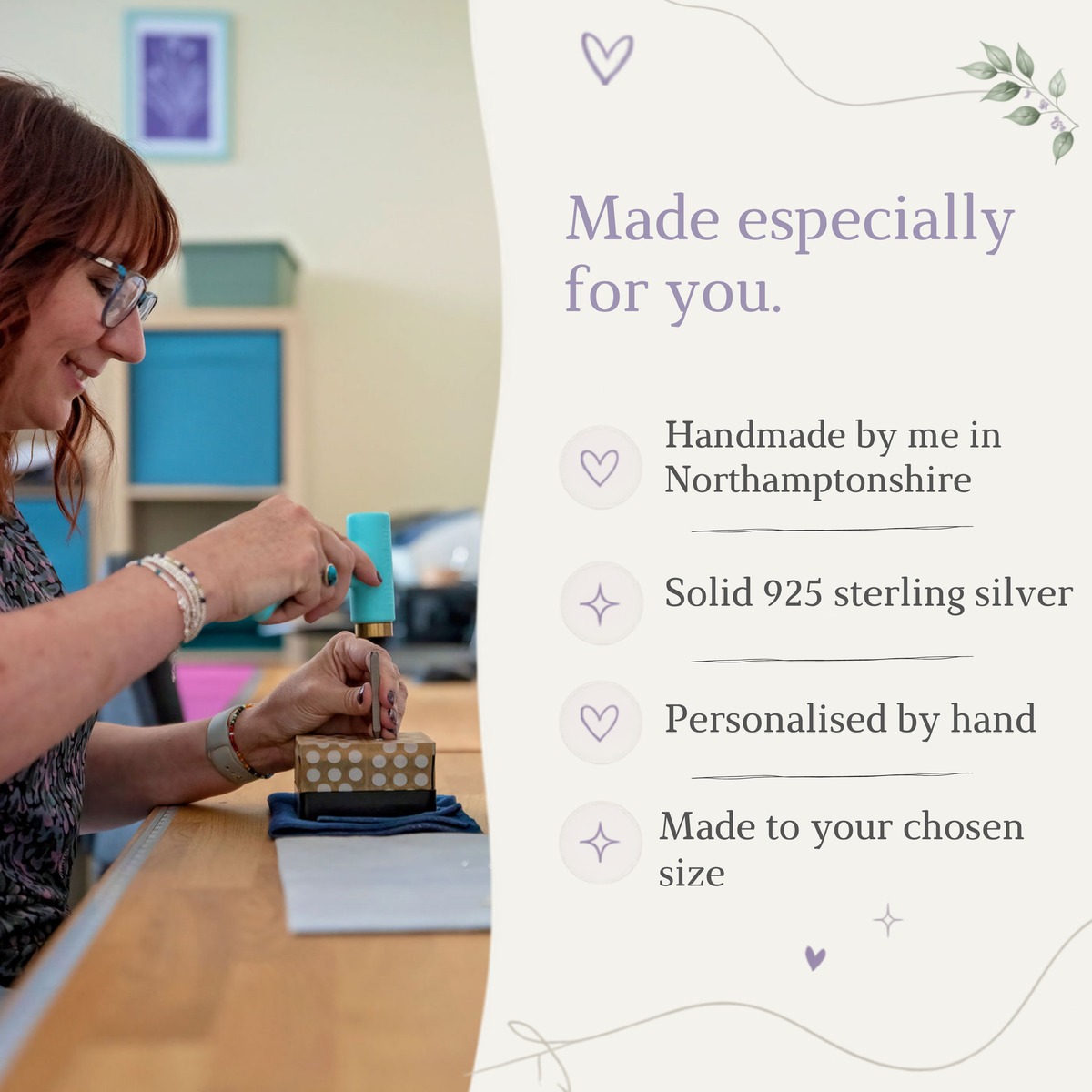 A woman is working on a craft project, using a tool to shape a piece of material. The image is described as a collage of multiple images, and it is not a single image. The text in the image is clear and concise, focusing on the woman's actions and the materials she is working with.