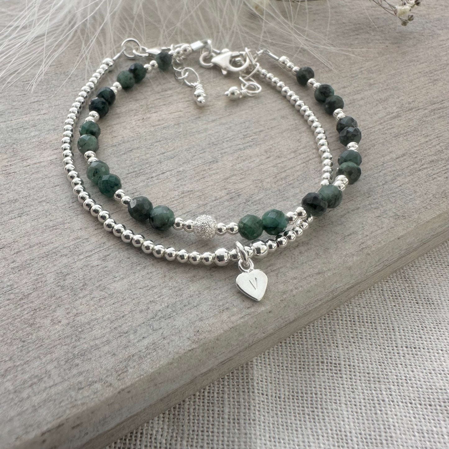 Set of 2 May Birthstone Emerald Bracelets, Stacking Bracelets for May Birthday