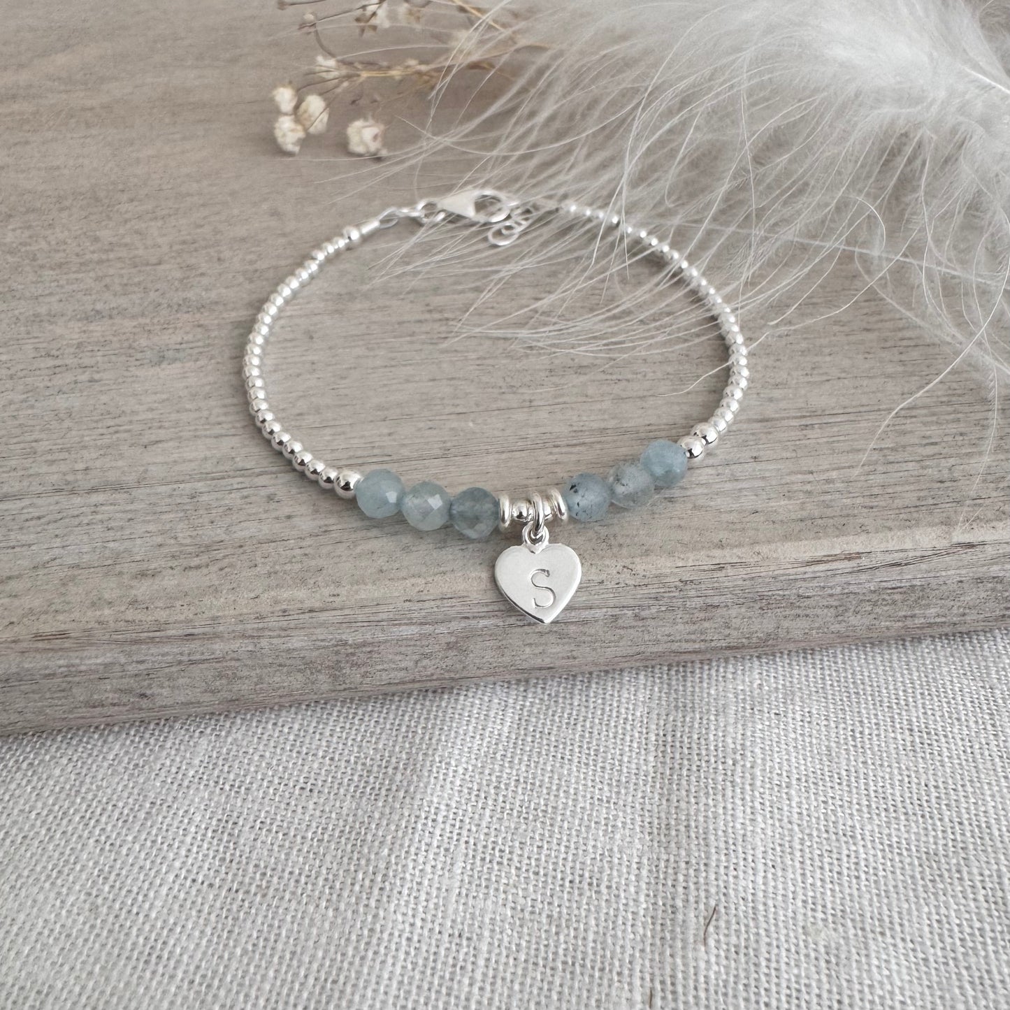 Personalised March Birthstone Bracelet, Dainty Aquamarine Bracelet in Sterling Silver