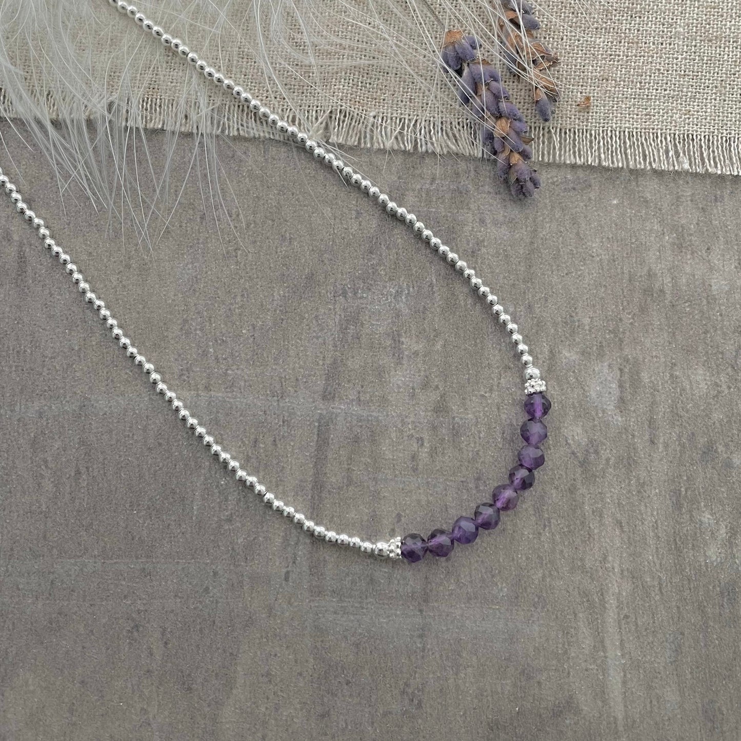 Thin Amethyst and Sterling Silver Bead Necklace, February Birthstone