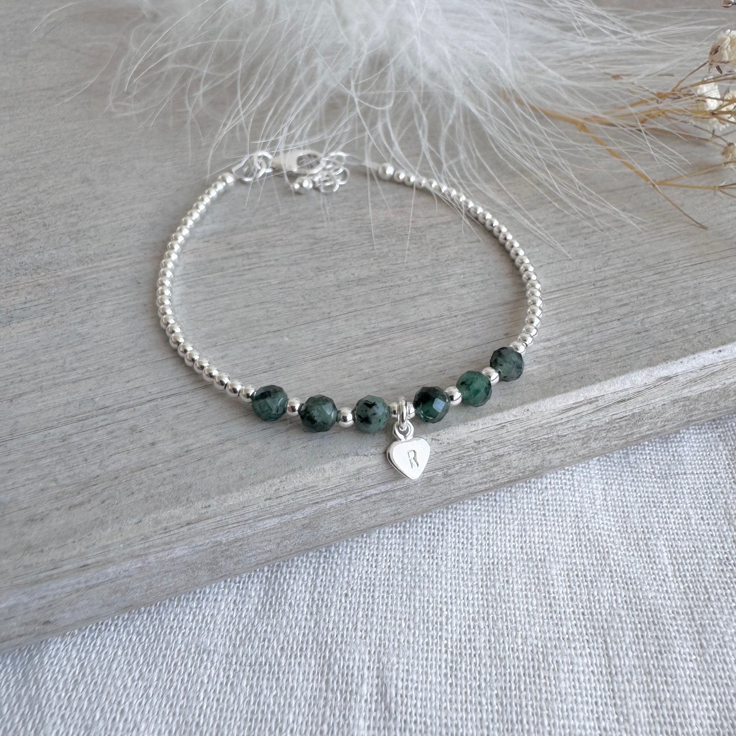 Personalised Emerald Bracelet, Dainty May Birthstone Jewellery in Sterling Silver