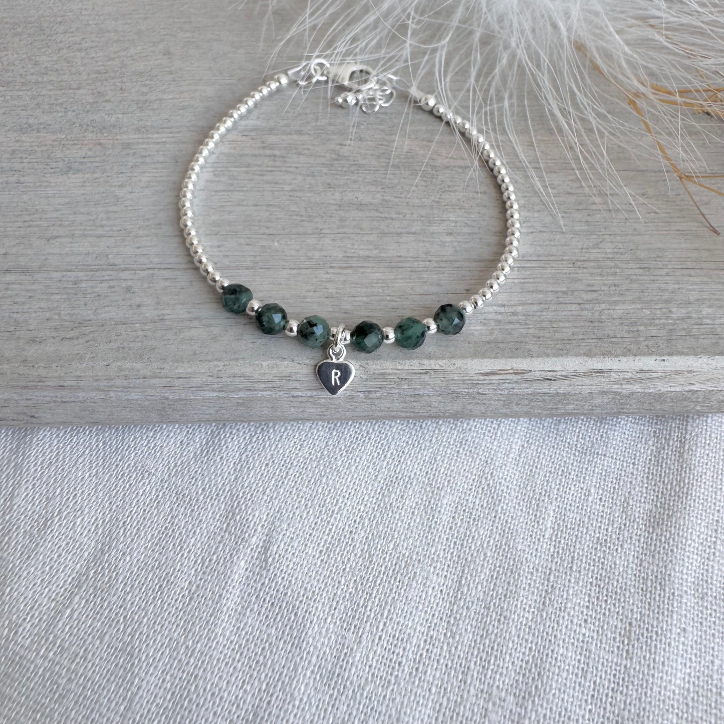 Personalised Emerald Bracelet, Dainty May Birthstone Jewellery in Sterling Silver