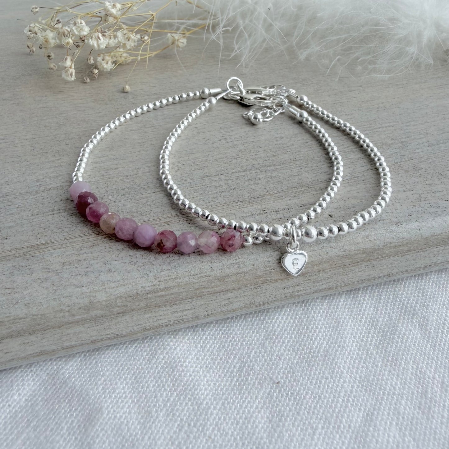 Pink Tourmaline Bracelet Set, October Birthstone Jewellery personalised with Initial