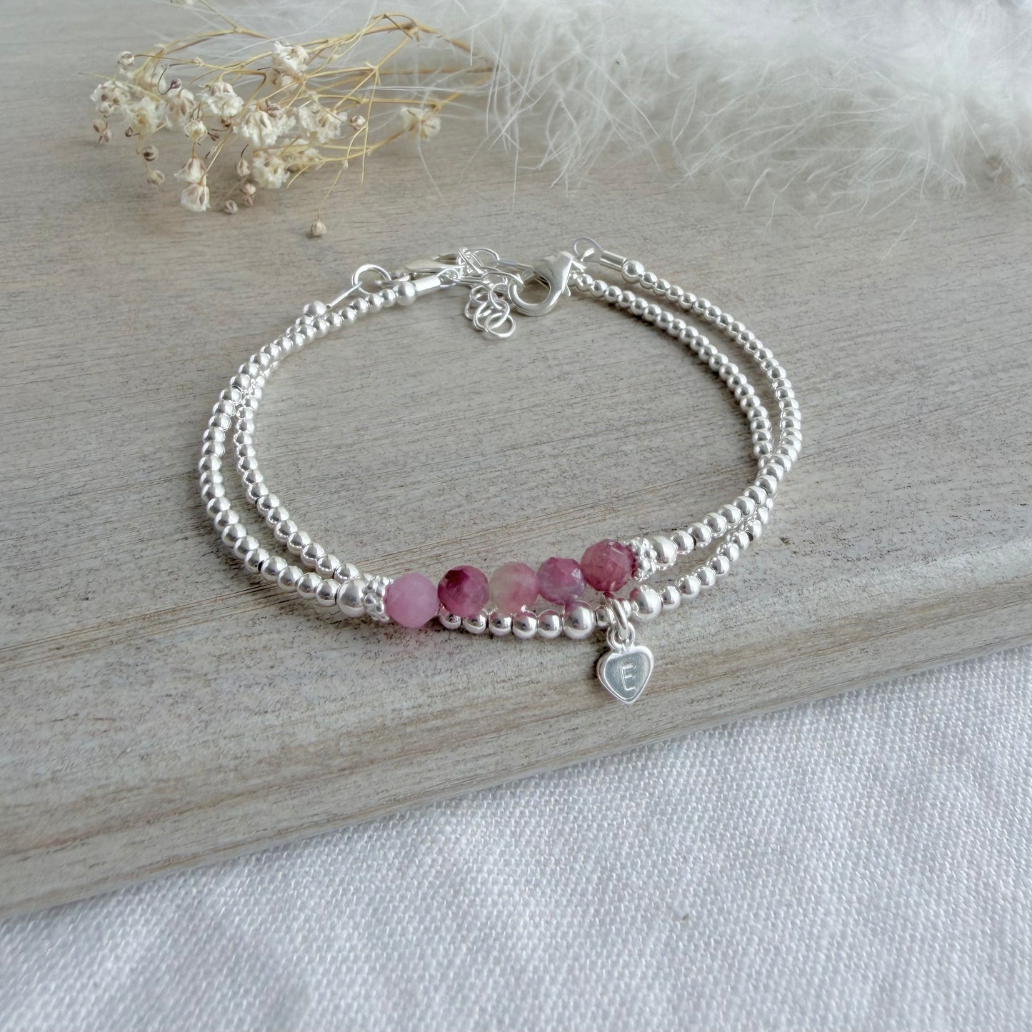 Personalised Tourmaline Bracelets the October Birthstone, Initial Jewellery with Pink Tourmaline