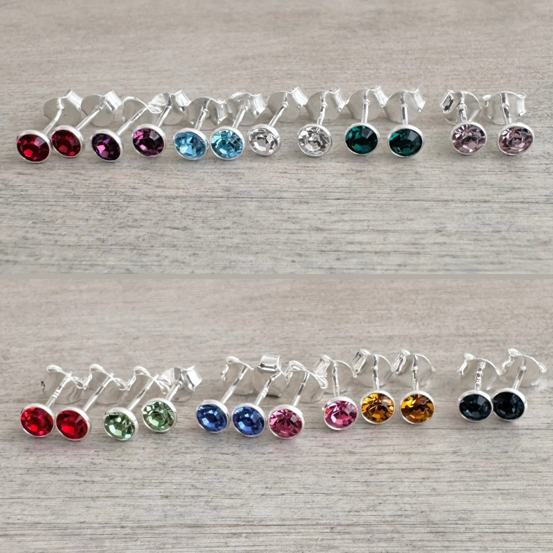 Glass Crystal Birthstone Stud Earrings in Sterling Silver Curated Collection