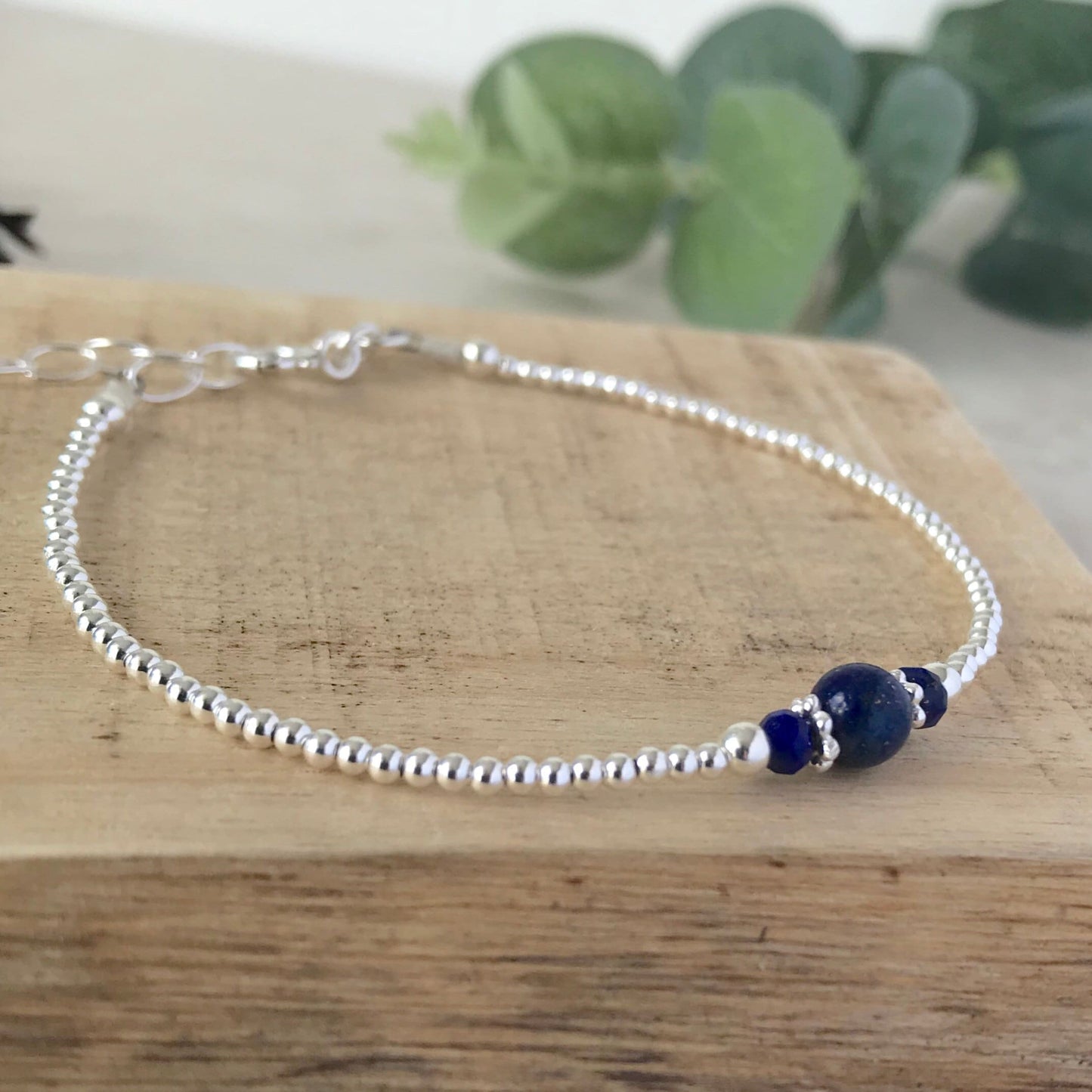Blue Lapis Lazuli Gemstone Silver Bracelet, Dainty Thin Sterling silver birthstone bracelets for women