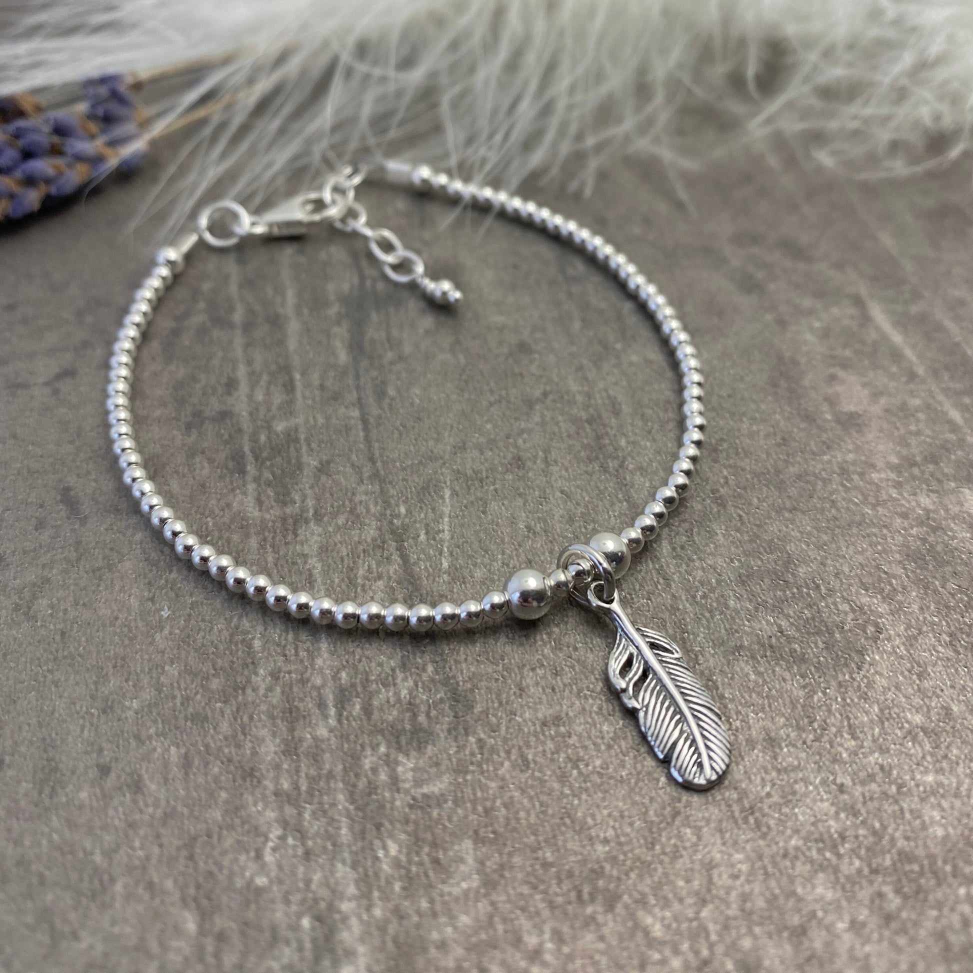 Dainty Silver Feather Bracelet, Sterling Silver Charm Bracelet with Feather nft
