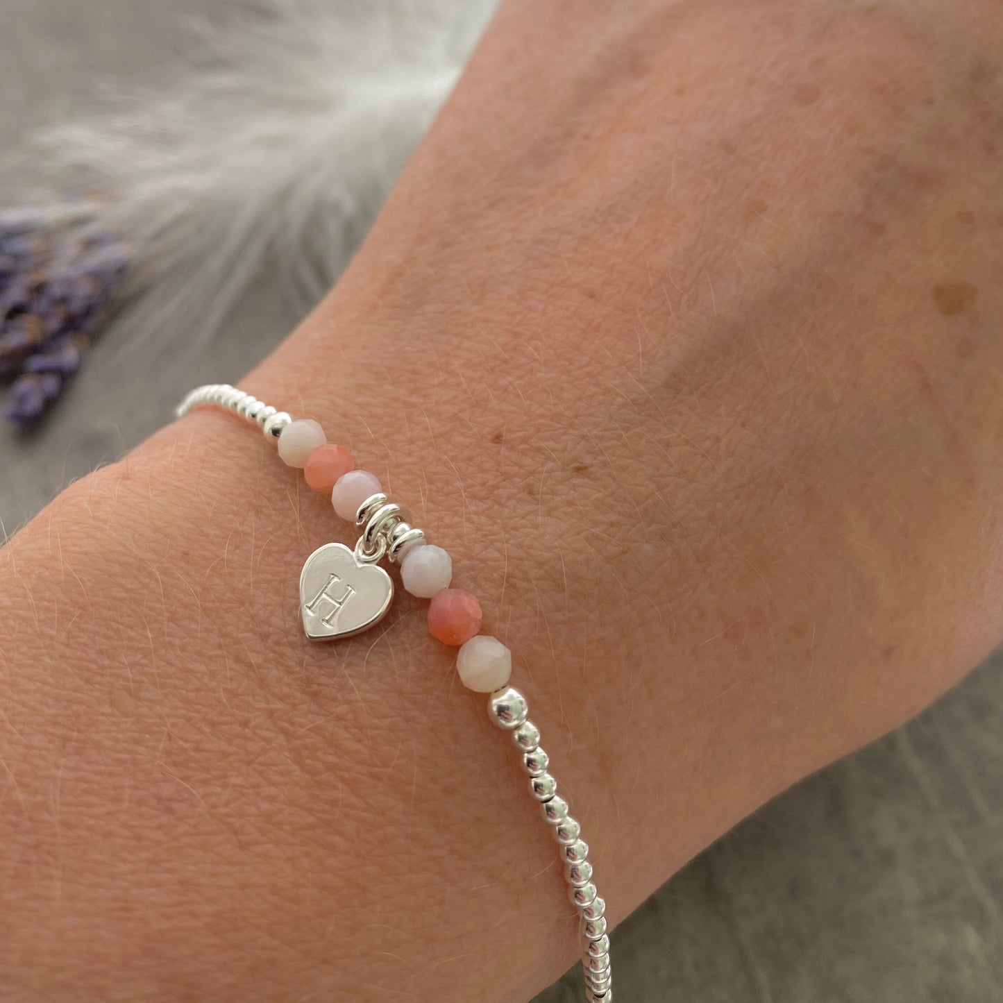 Personalised Pink Opal October Birthstone Bracelet, Dainty Sterling Silver Bracelet nft