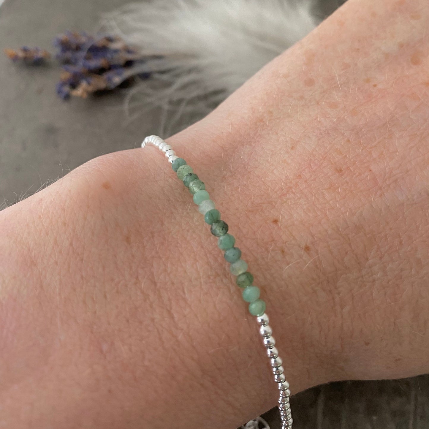 Green Emerald May Birthstone Bracelet, dainty stacking bracelet in sterling silver