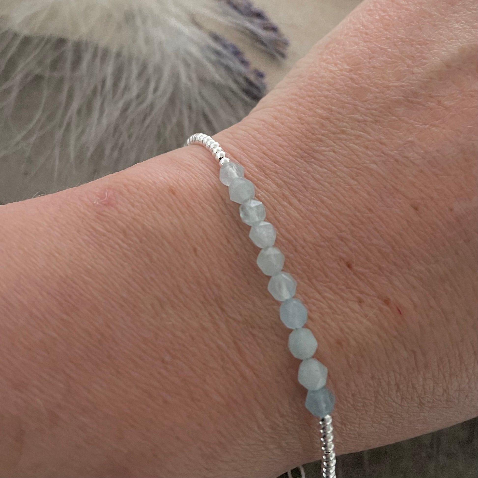 March Birthstone Aquamarine Bracelet, dainty stacking bracelet in sterling silver nft