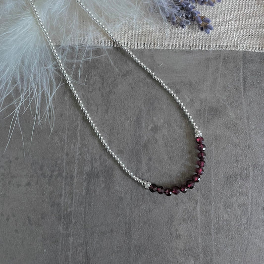 Thin Garnet and Sterling Silver Bead Necklace, dainty necklace