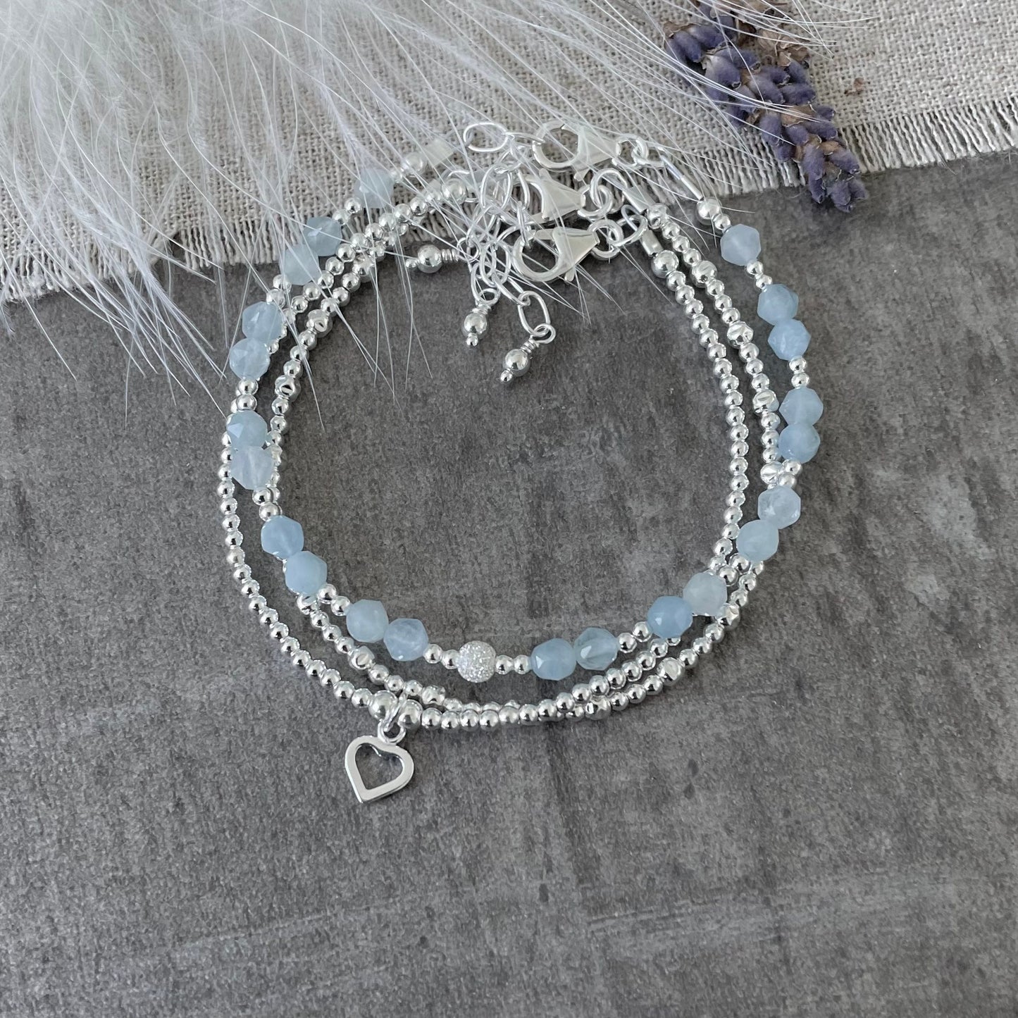 A Dainty March Birthstone Aquamarine Bracelet Set, March Stacking Bracelets for Women in Sterling Silver
