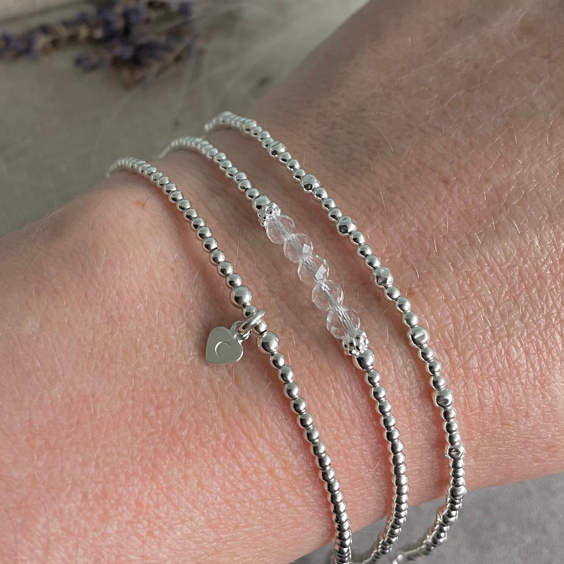Personalised April Birthstone Rock Quartz Bracelet Set, Dainty Sterling Silver Stacking Bracelets for Women