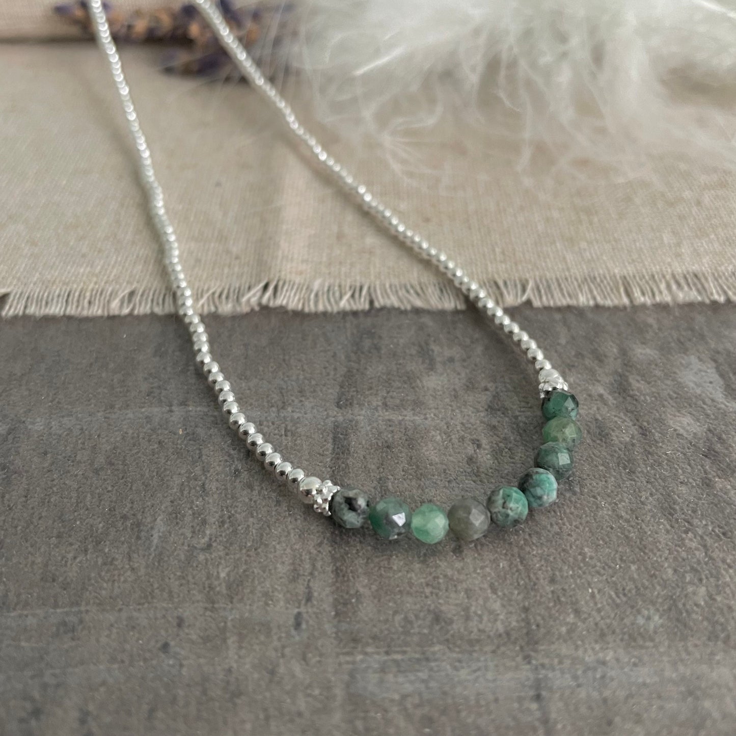 Thin Emerald and Sterling Silver Bead Necklace, May Birthstone
