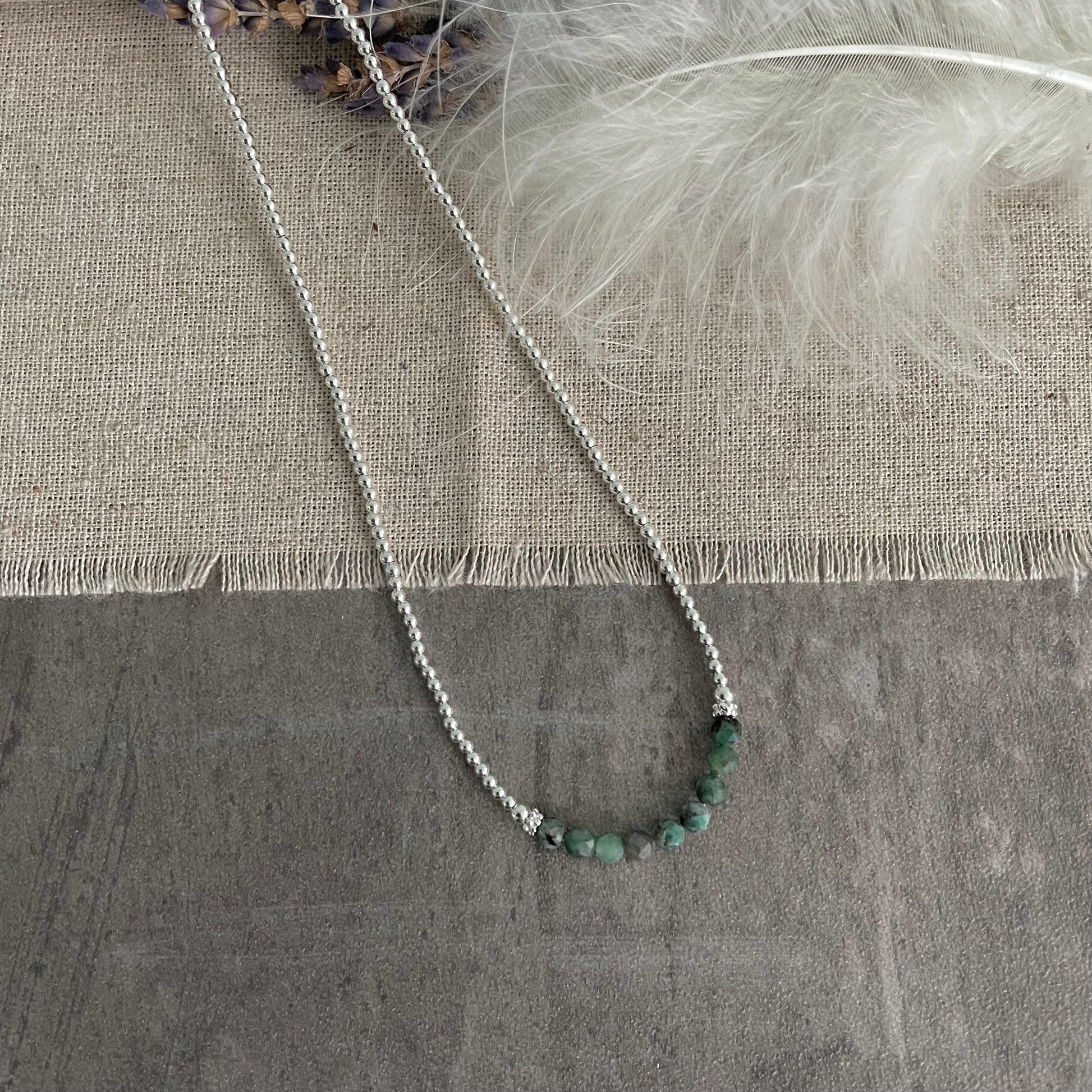 Thin Emerald and Sterling Silver Bead Necklace, May Birthstone