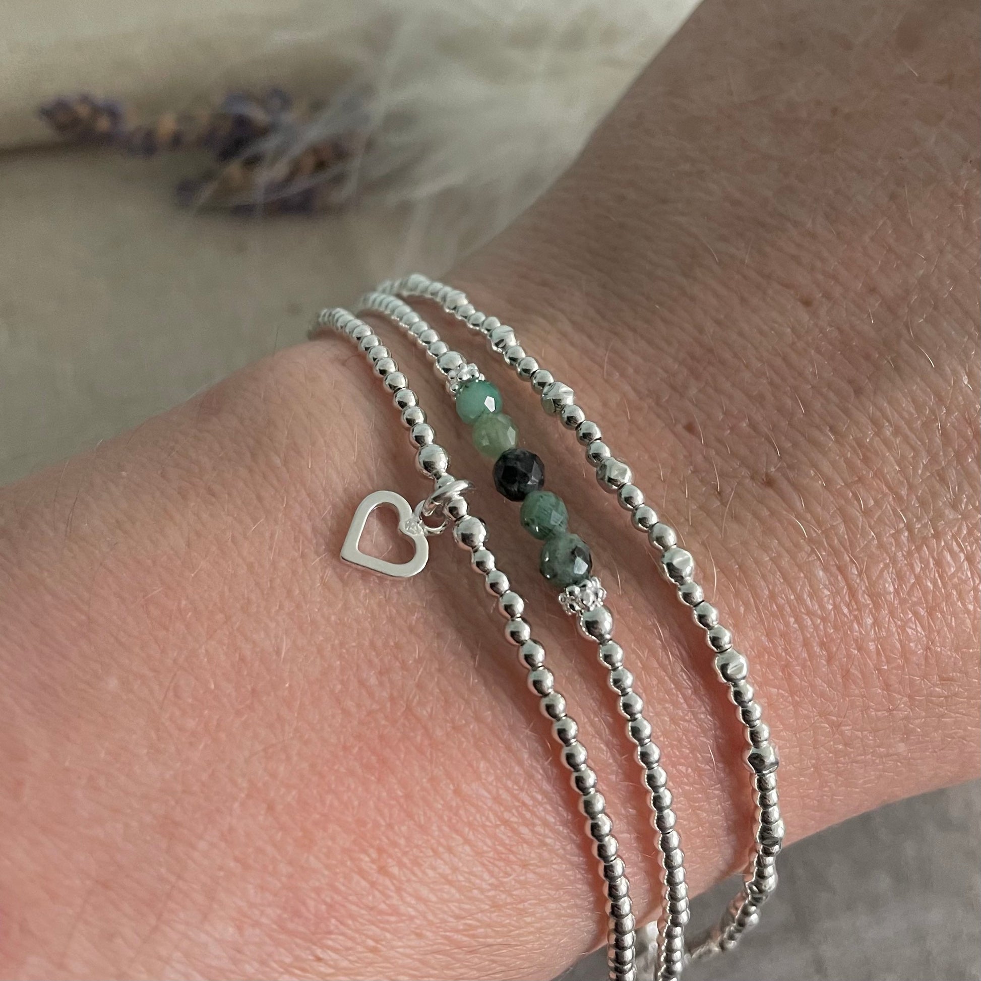 A Dainty May Birthstone Emerald Bracelet Set, May Stacking Bracelets for Women in Sterling Silver