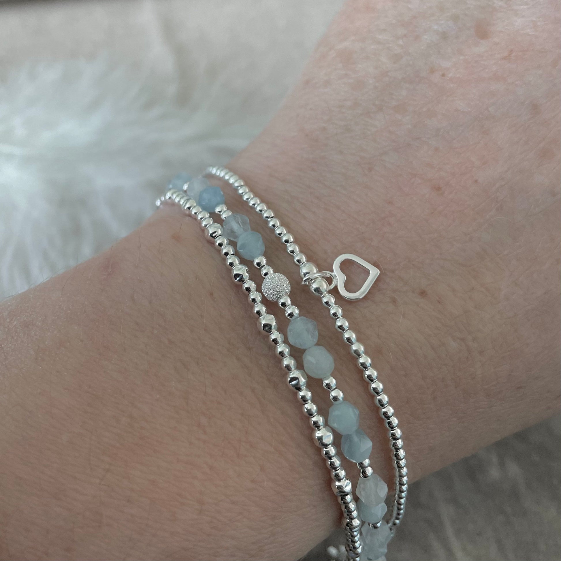 A Dainty March Birthstone Aquamarine Bracelet Set, March Stacking Bracelets for Women in Sterling Silver