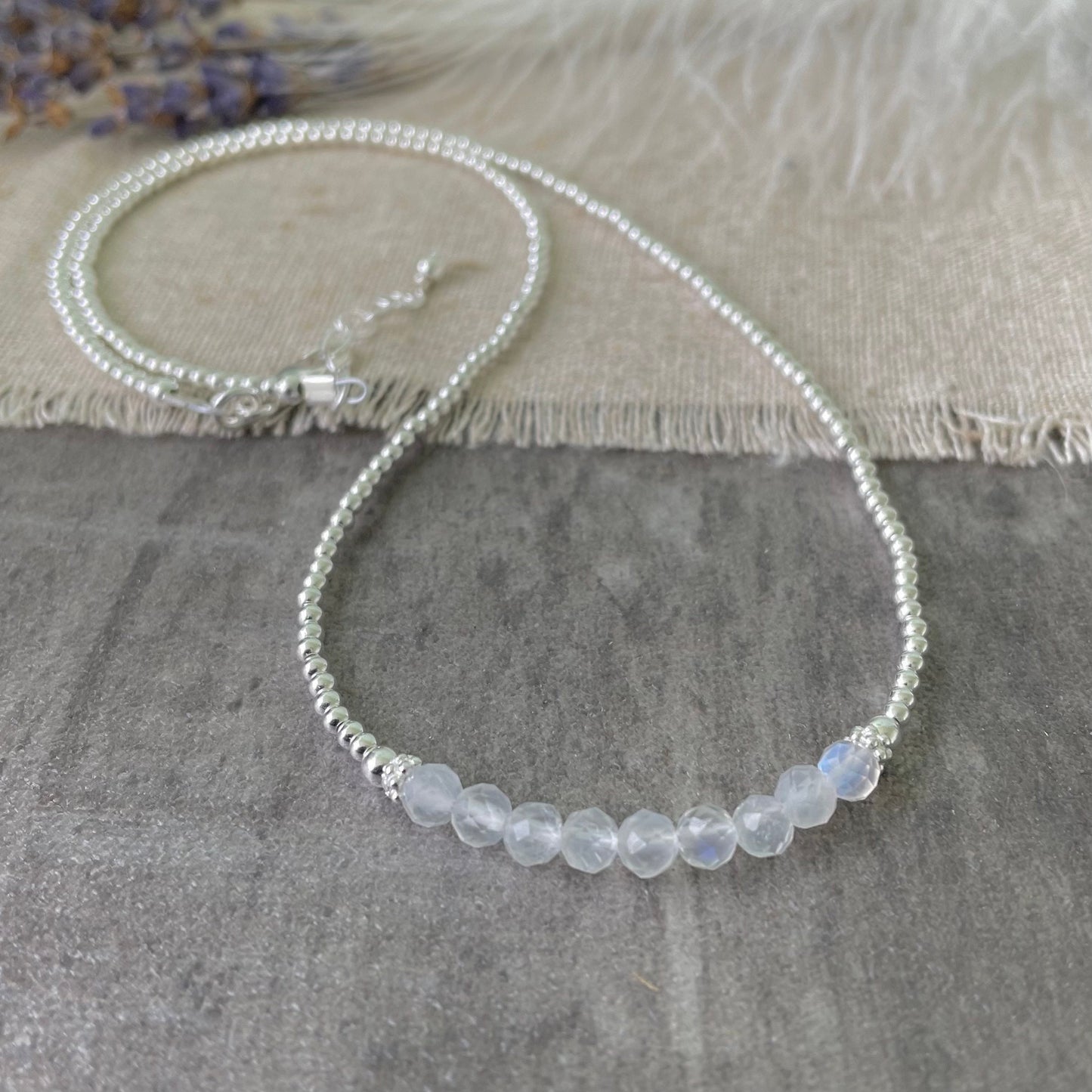 Thin Moonstone and Sterling Silver Bead Necklace, June Birthstone