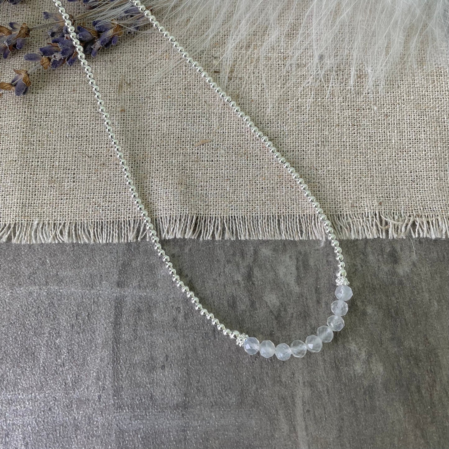 Thin Moonstone and Sterling Silver Bead Necklace, June Birthstone