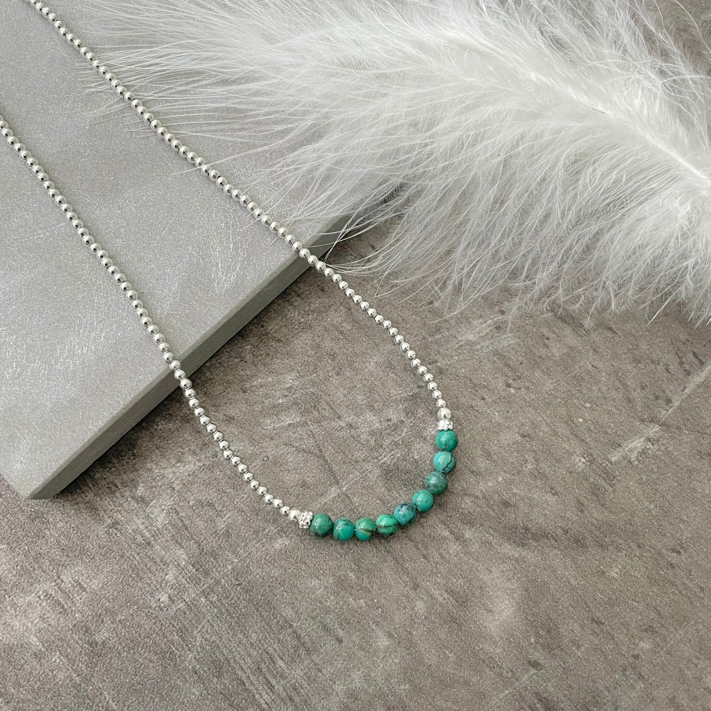 Thin Turquoise and Sterling Silver Bead Necklace, December Birthstone