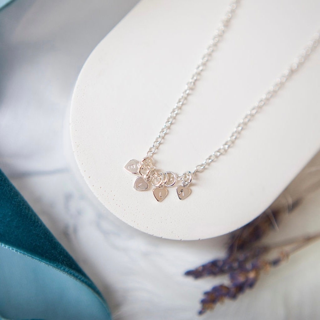 Very Dainty Name Necklace, Personalised in 5mm hearts Sterling Silver