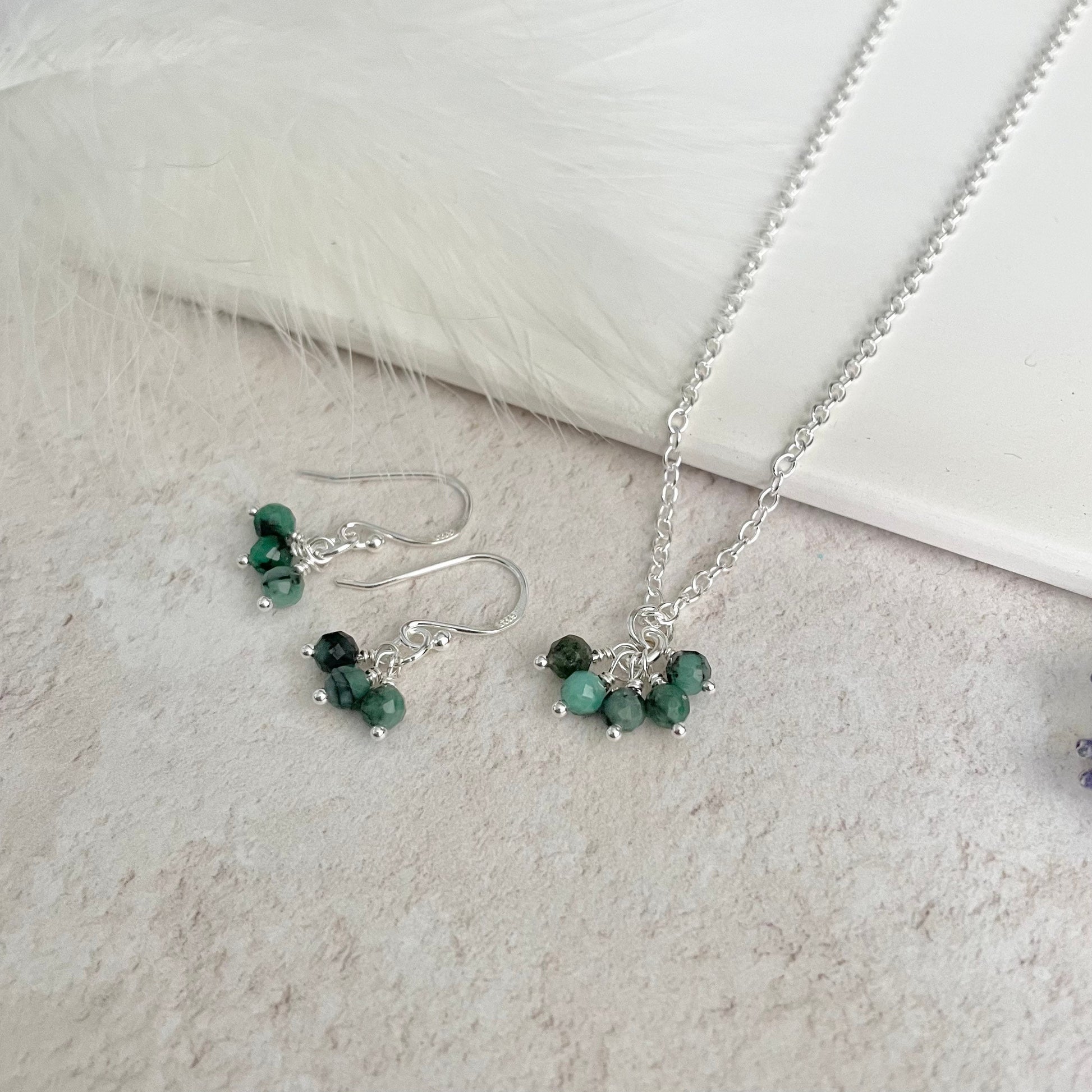 Dainty Emerald Necklace and Earrings Set, May Birthstone