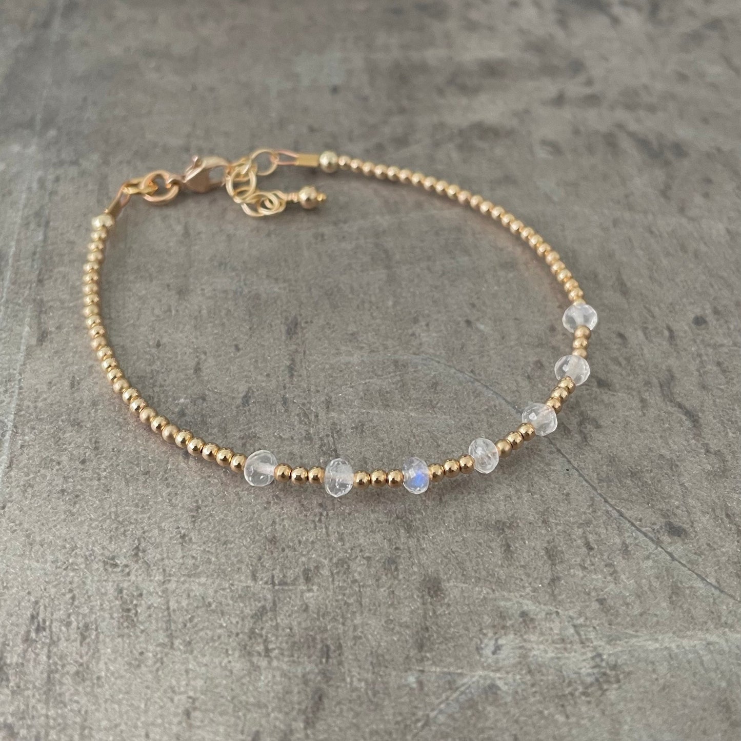 Gold Fill June Birthstone Dainty rainbow moonstone bracelet, stacking Bracelets for Women