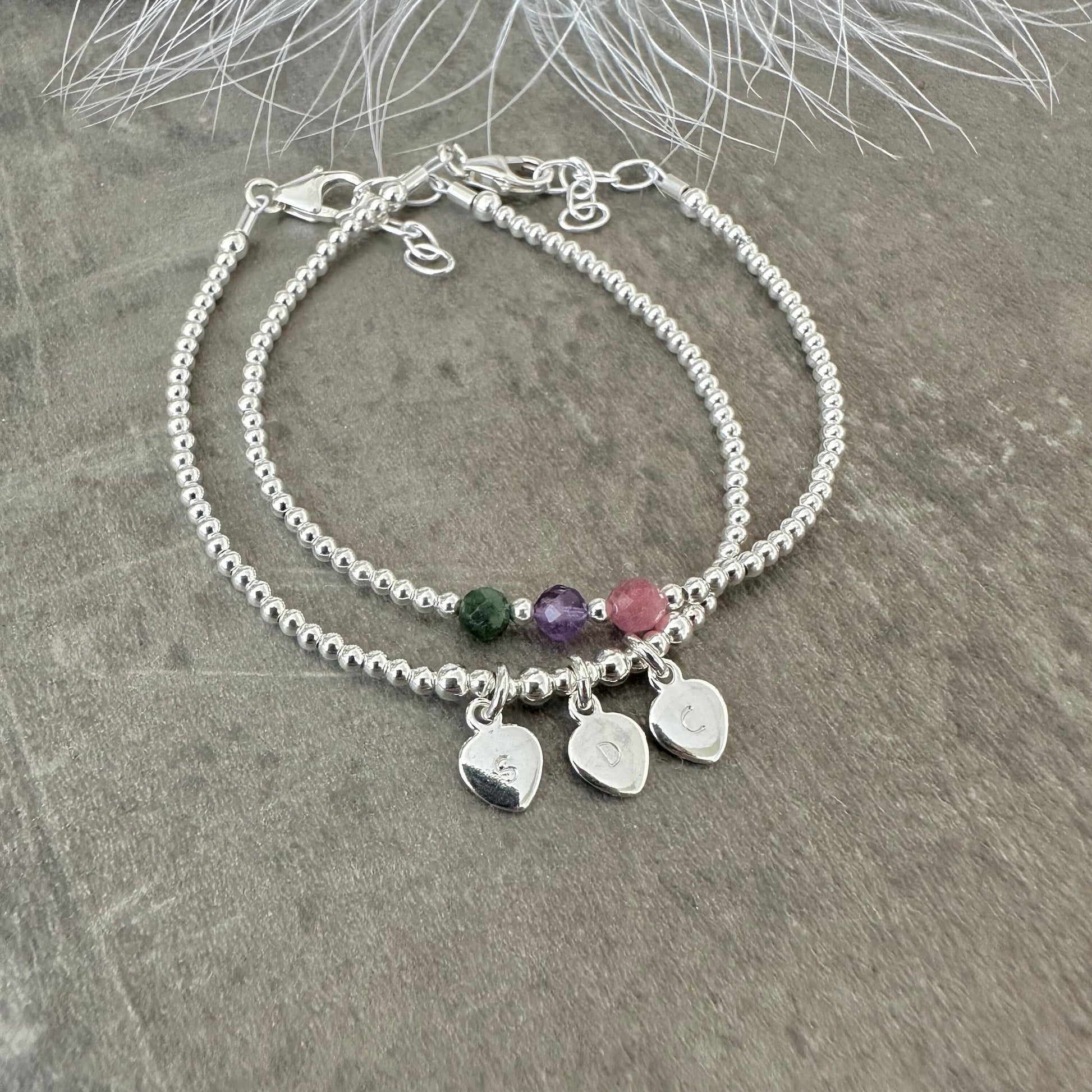 Two Bracelet Set for Mums Personalised Family Birthstones & Initials, Dainty Sterling Silver Family Jewellery for Mothering Sunday Gift