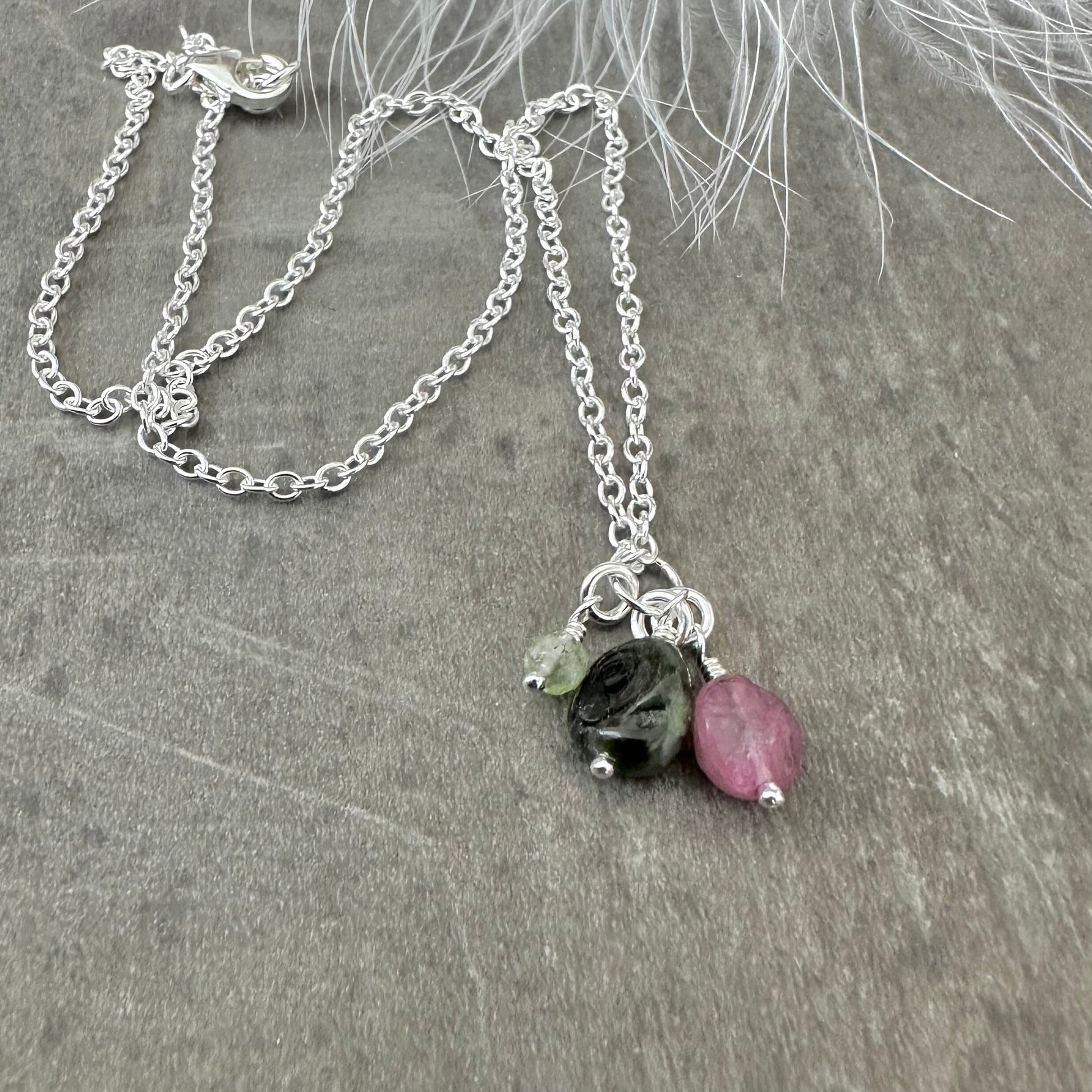 Mixed Tourmaline Nugget necklace, October birthstone jewellery sterling silver
