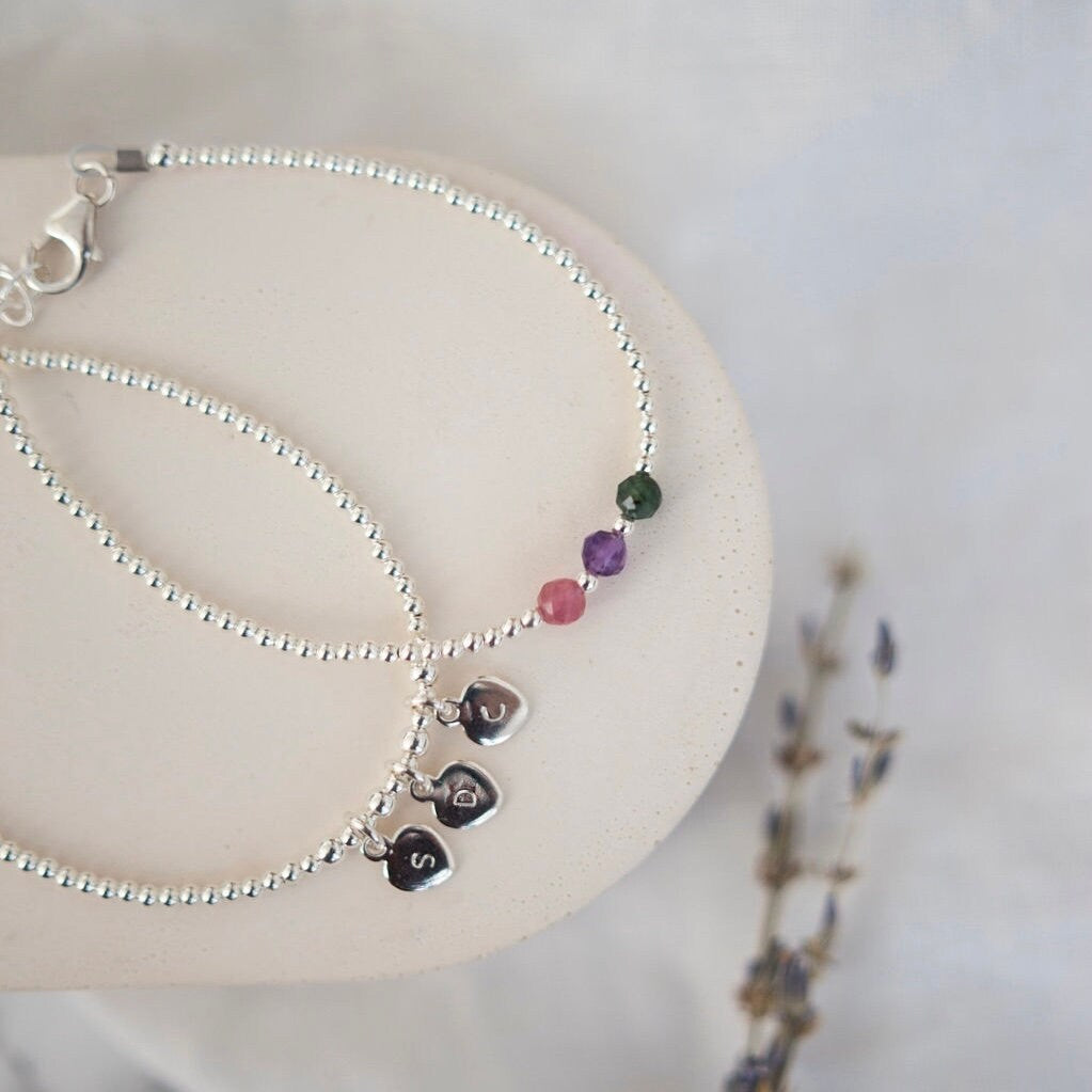 Two Bracelet Set for Mums Personalised Family Birthstones & Initials, Dainty Sterling Silver Family Jewellery for Mothering Sunday Gift