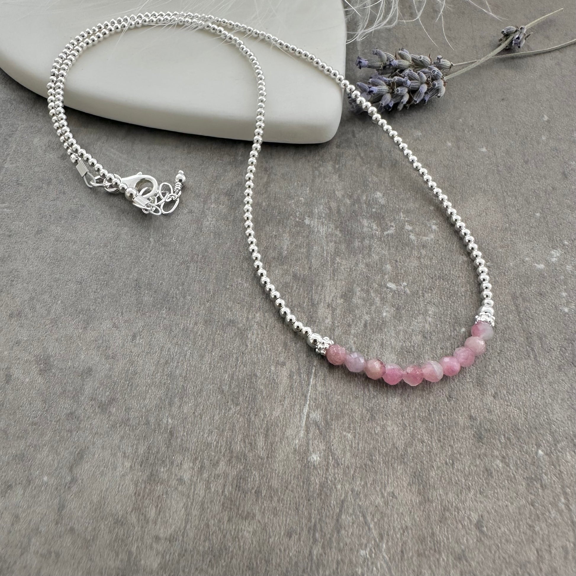 Thin Pale Pink Tourmaline and Sterling Silver Bead Necklace, October Birthstone