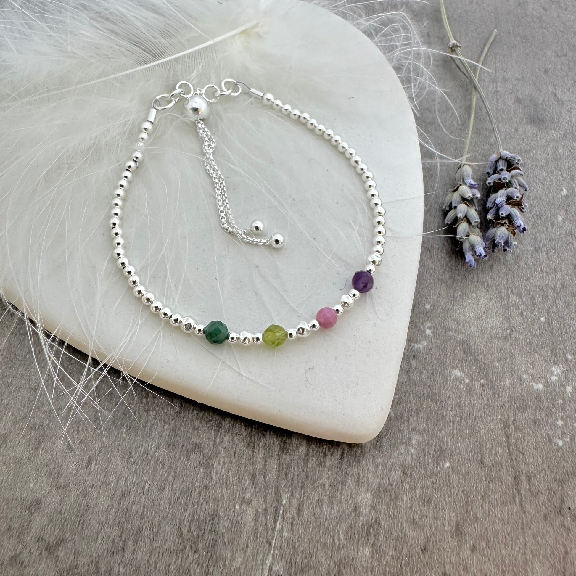 Sterling Silver Slider Bracelet for Mum with Family Birthstones, meaningful gift for Mother’s Day