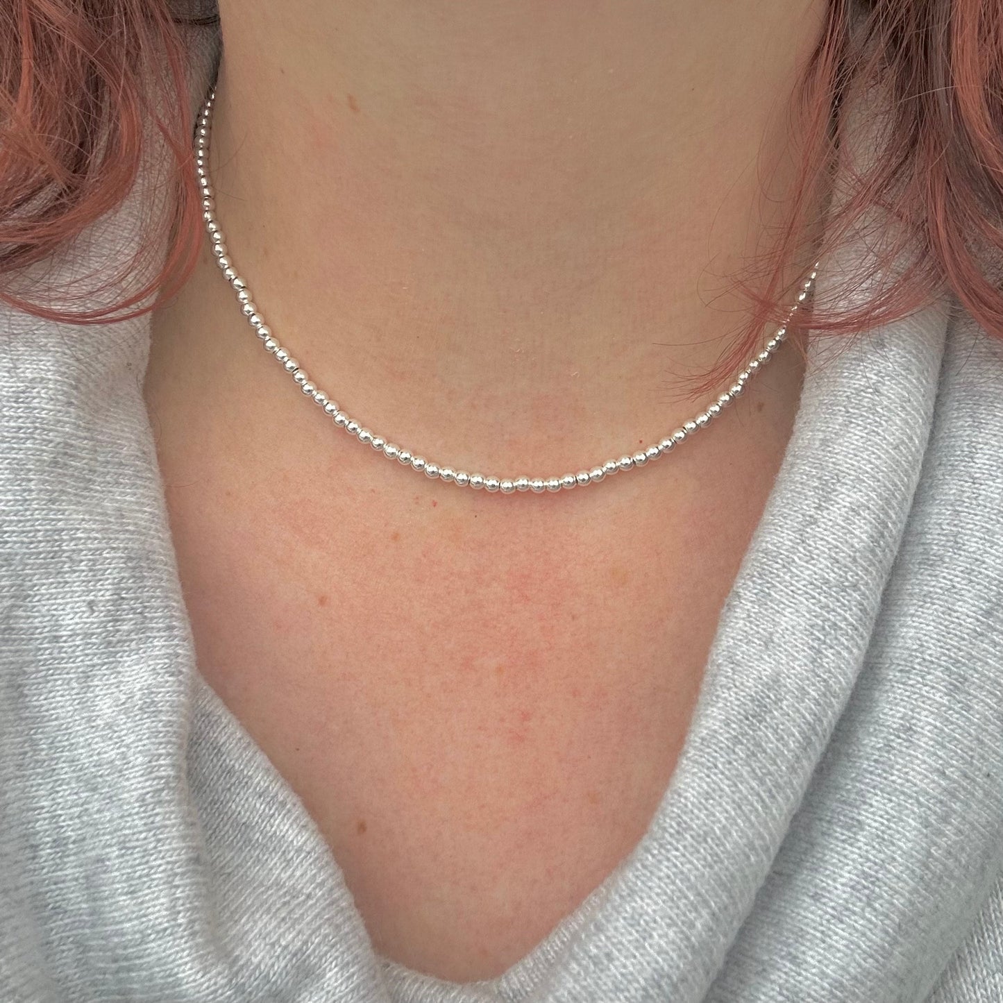 Thin Sterling Silver 3mm Bead Necklace, dainty necklace