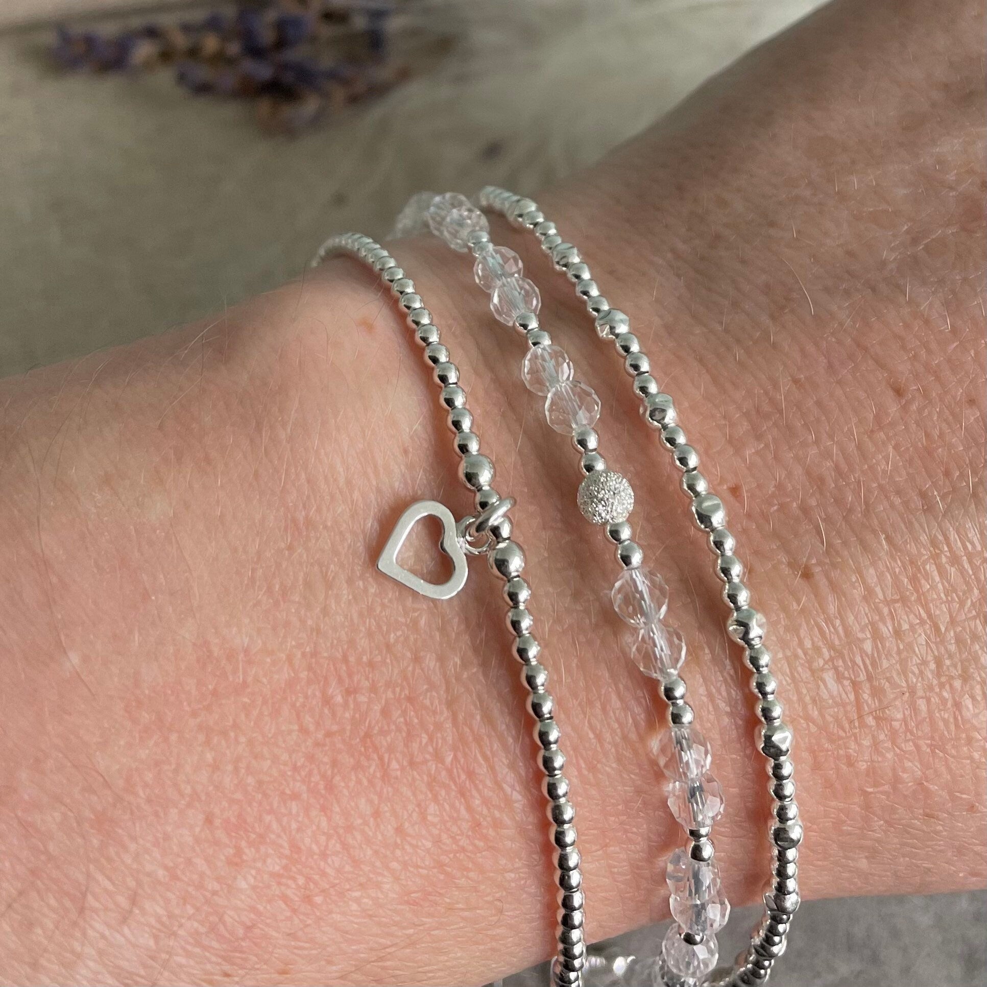 A Dainty April Birthstone Rock Quartz Bracelet Set, April Stacking Bracelets for Women in Sterling Silver