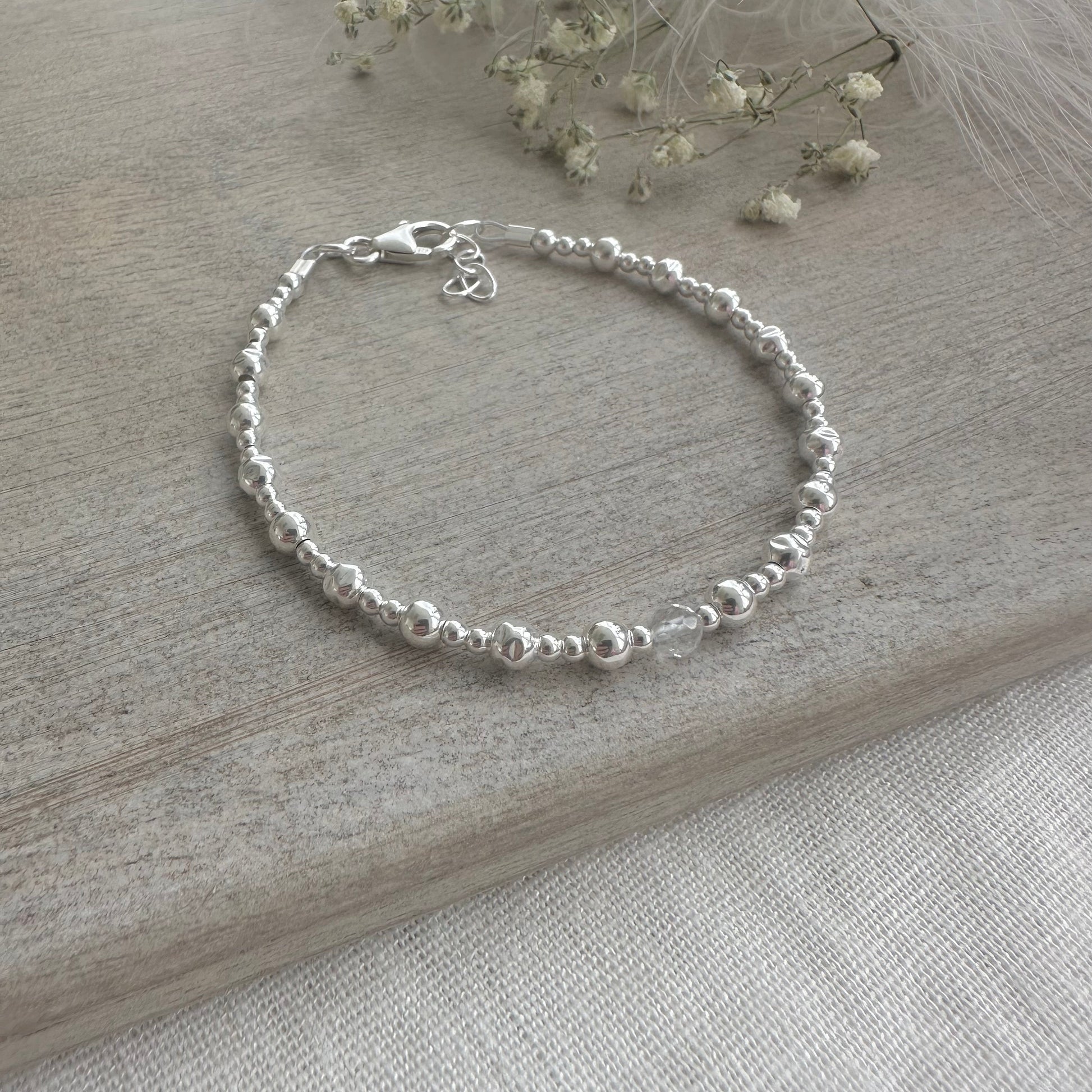 April Birthstone Clear quartz Textured Layering Bracelet, 4mm sterling silver bead bracelet for april birthday