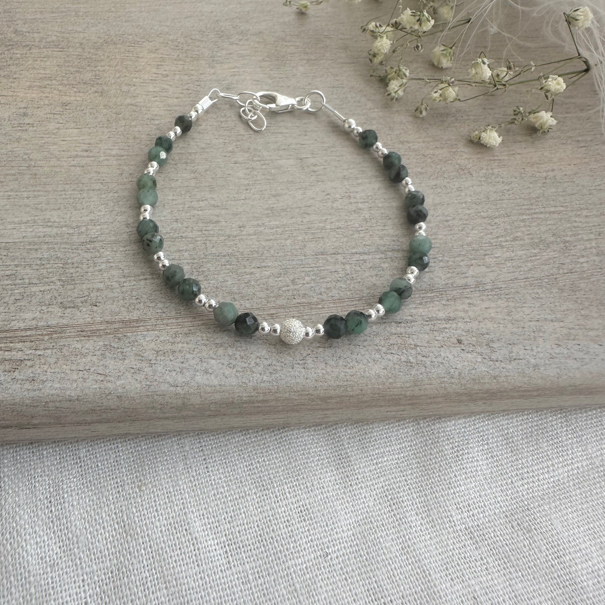 May Birthstone Bracelet, Dainty Emerald Bracelet in Sterling Silver