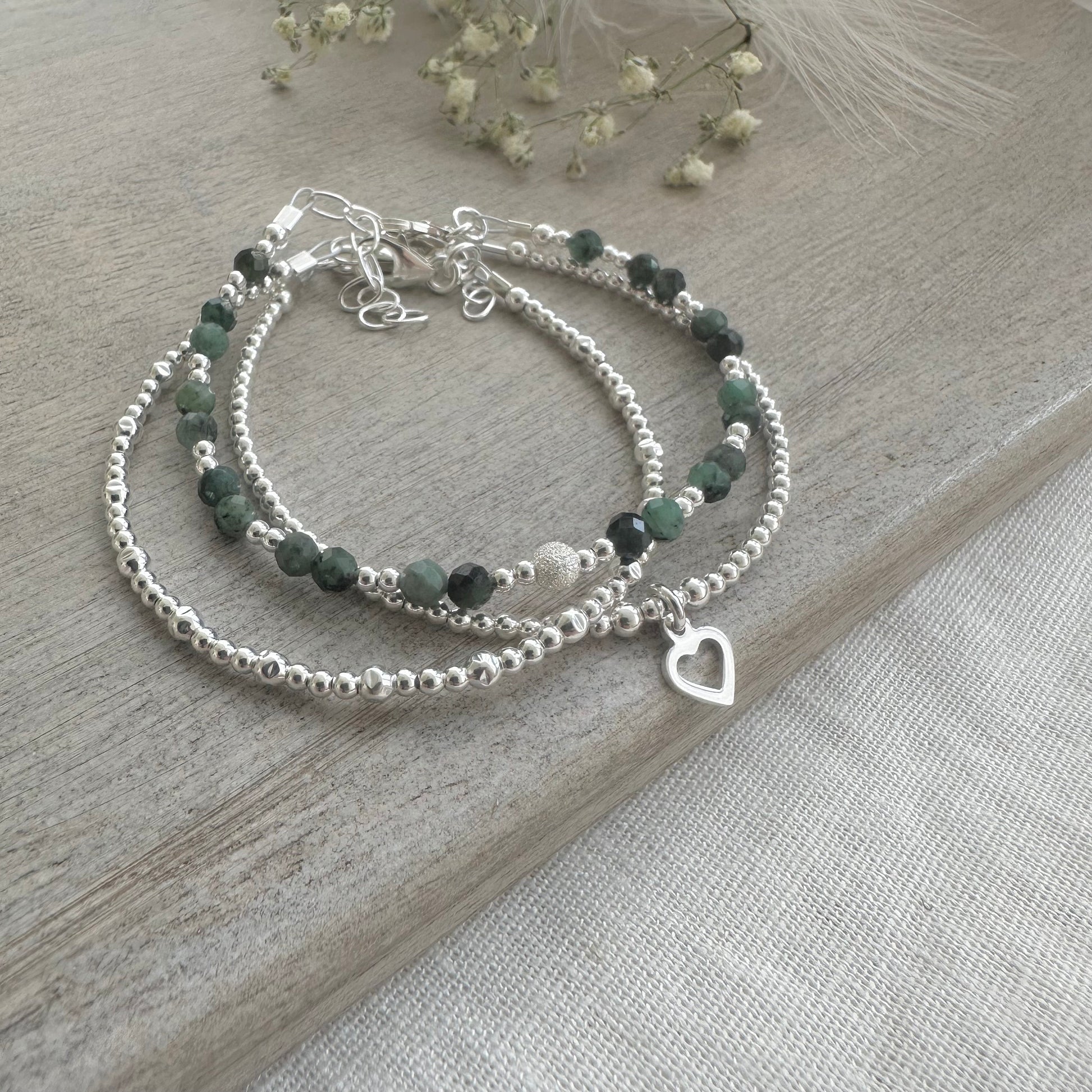 A Dainty May Birthstone Emerald Bracelet Set, May Stacking Bracelets for Women in Sterling Silver