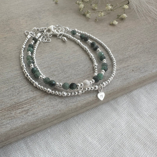 Personalised May Birthstone Emerald Bracelet Set, May Birthday Gift for Women