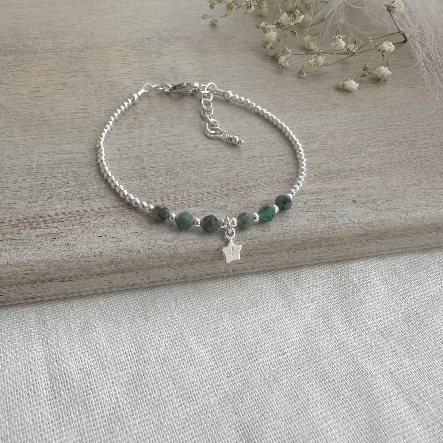 Personalised Emerald May Birthstone Bracelet with star charm, Dainty Jewellery in Sterling Silver