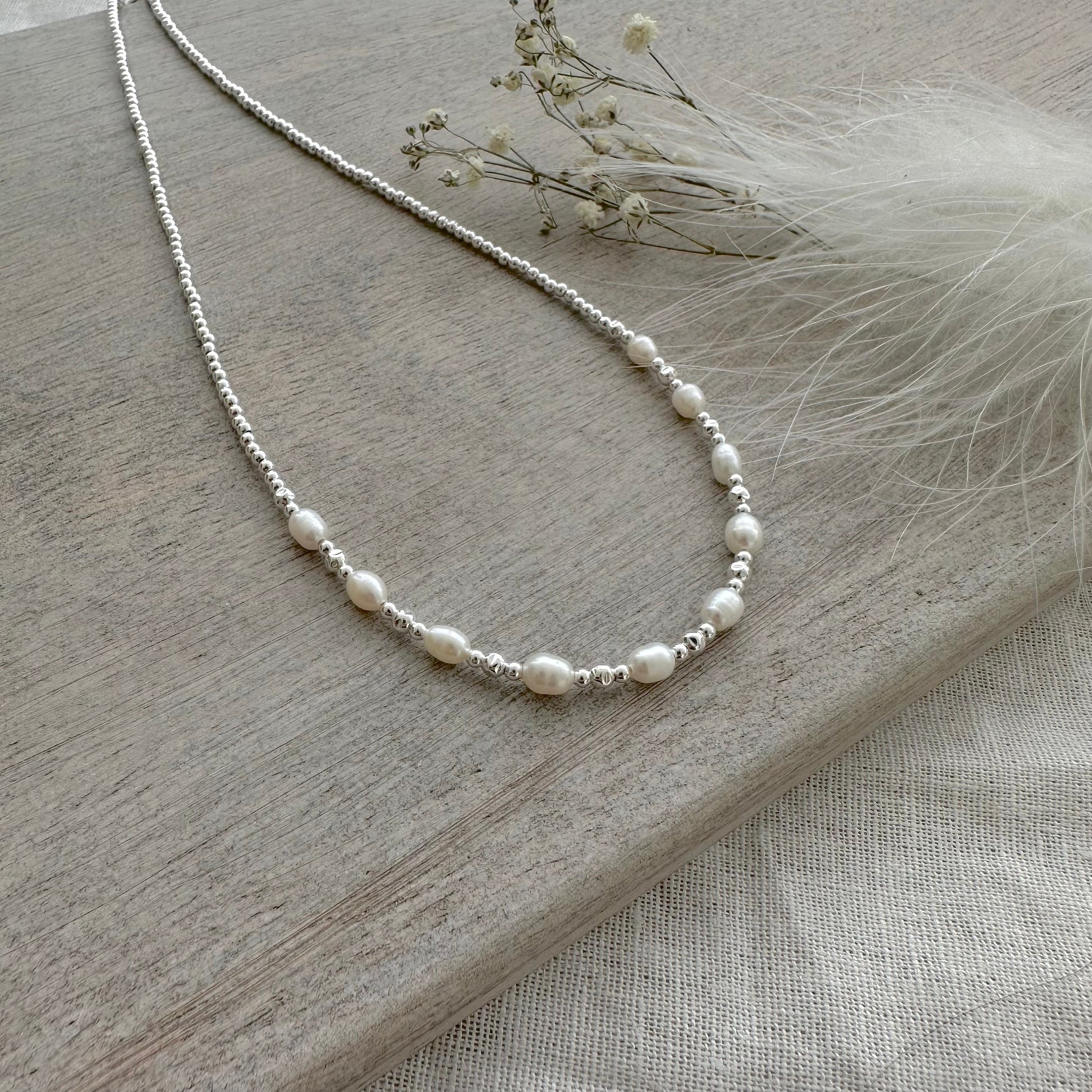 Pearl Sterling Silver Beaded Necklace, June Birthstone oval ivory pearl jewellery made to order