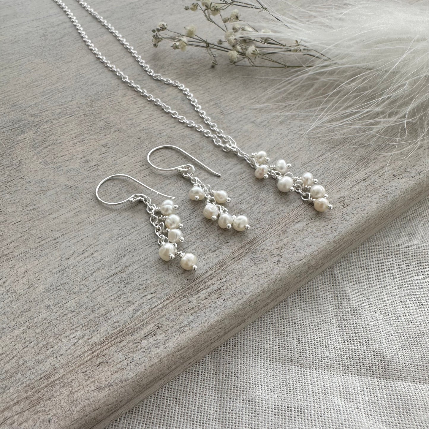 Dainty Pearl Necklace Earring Set for birthday, June Birthstone and Sterling Silver Made to order jewellery gift for women
