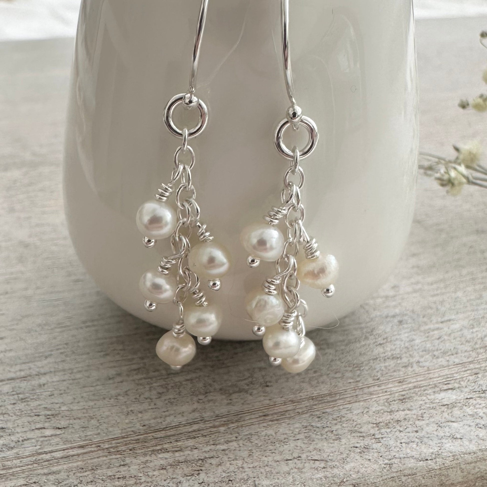 Dainty Ivory Pearl Drop Earrings for birthday, June Birthstone and Sterling Silver Made to order jewellery gift for women