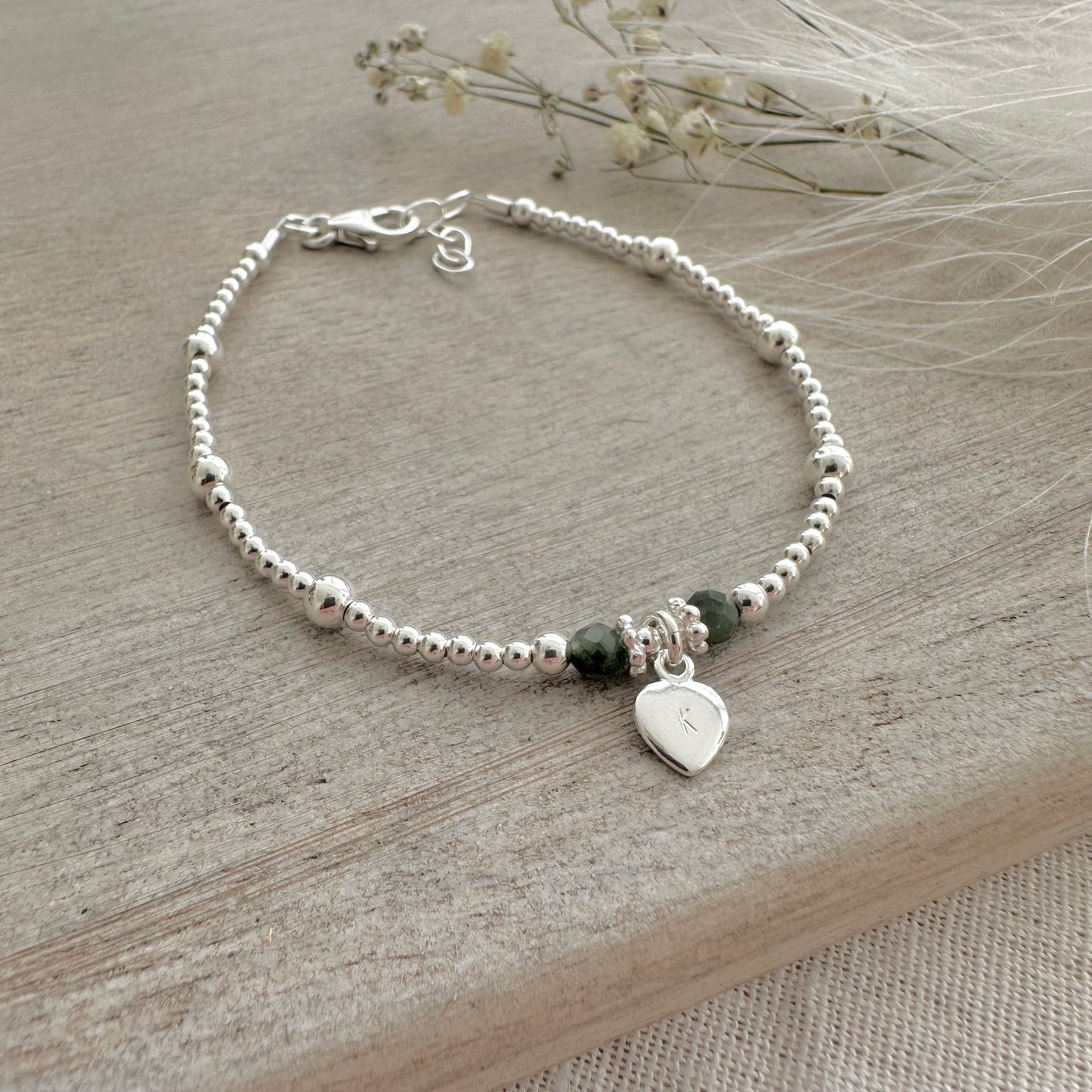 Personalised Emerald Bracelet, Dainty May Birthstone Jewellery in Sterling Silver