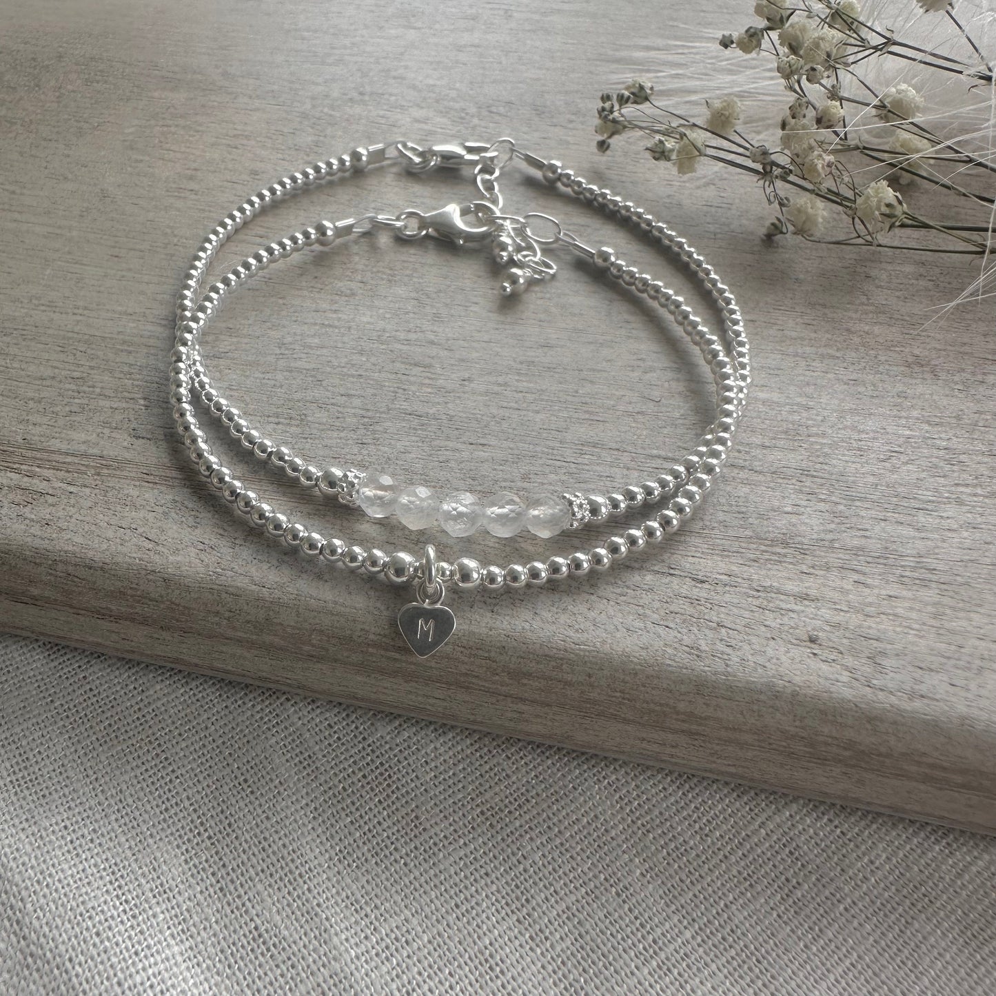 Personalised White Moonstone Bracelet Set, June Birthstone Jewellery