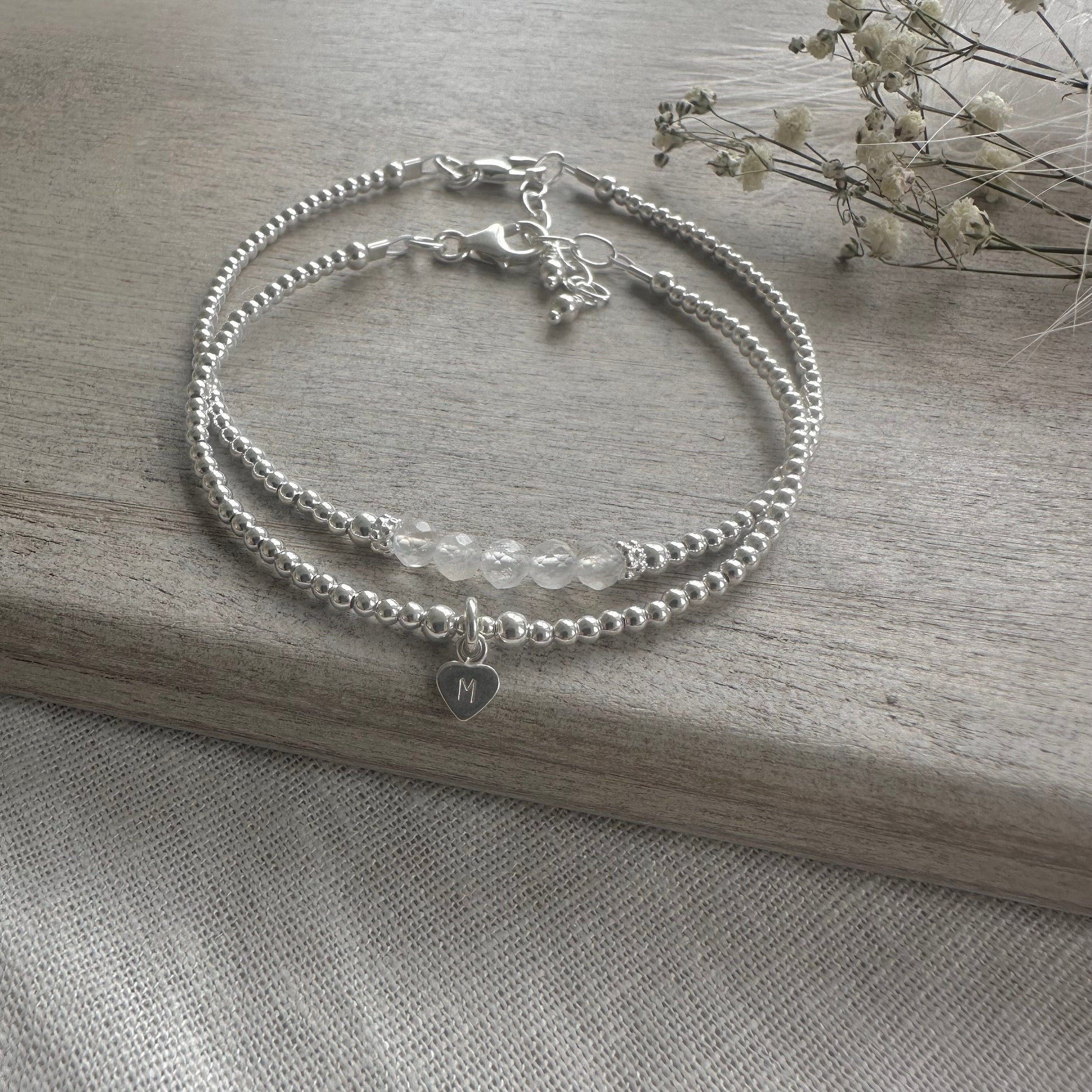 Personalised White Moonstone Bracelet Set, June Birthstone Jewellery
