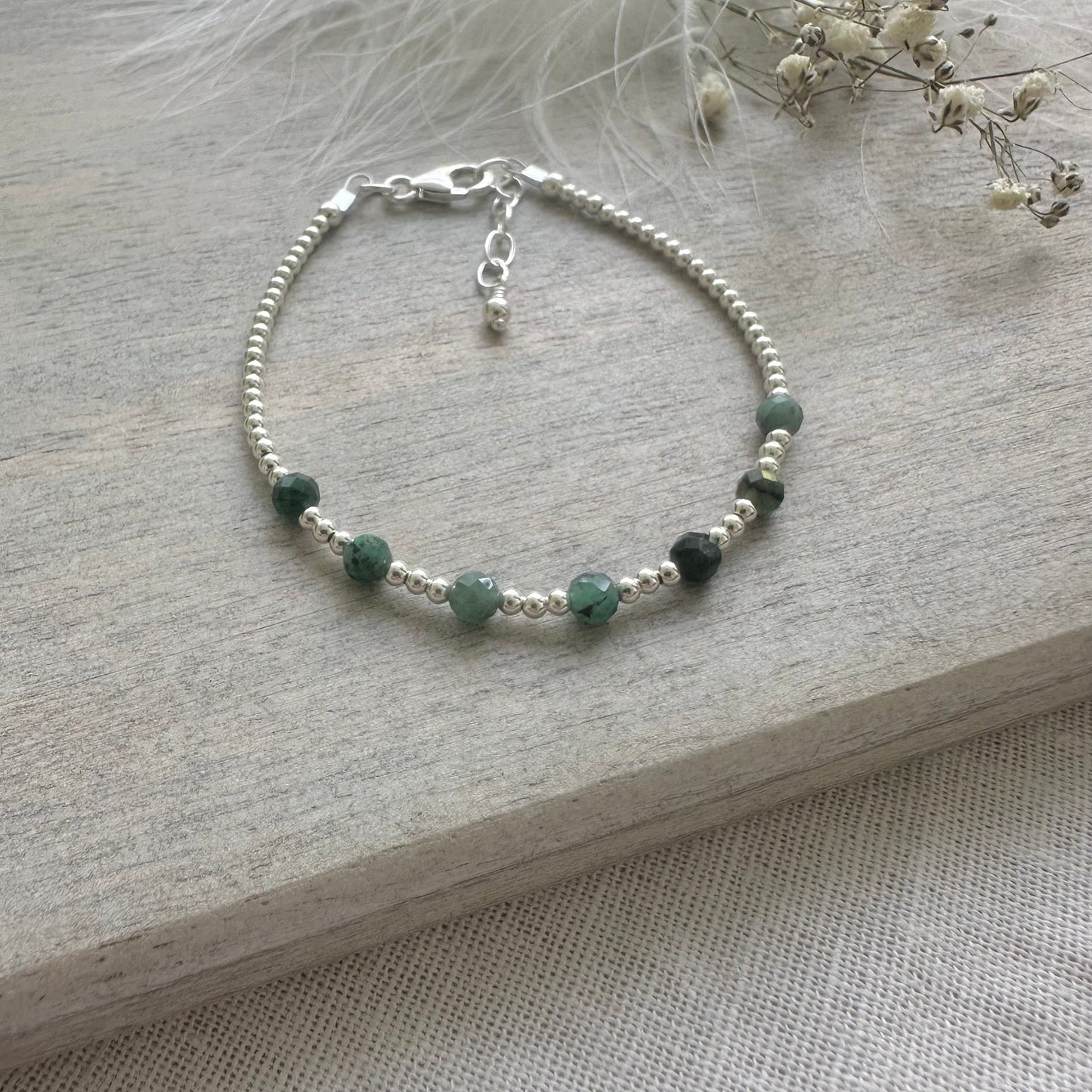 May Birthstone Sterling Silver Emerald Bracelet