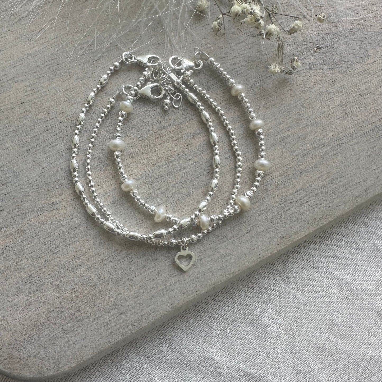A Dainty June Birthstone Pearl Bracelet Set, June Stacking Bracelets for Women in Sterling Silver
