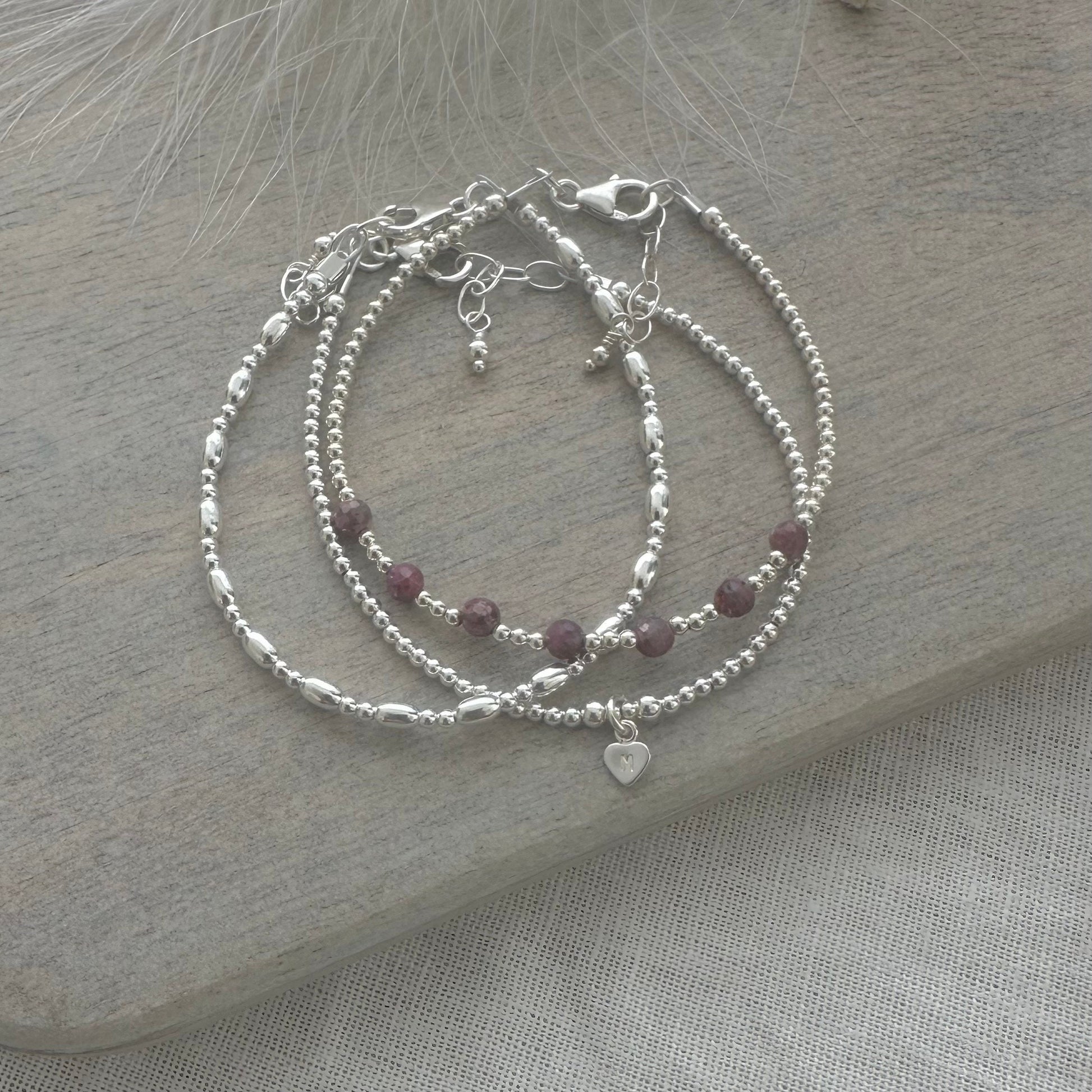 Personalised July Birthstone Ruby Bracelet Set, Dainty Sterling Silver Stacking Bracelets for Women