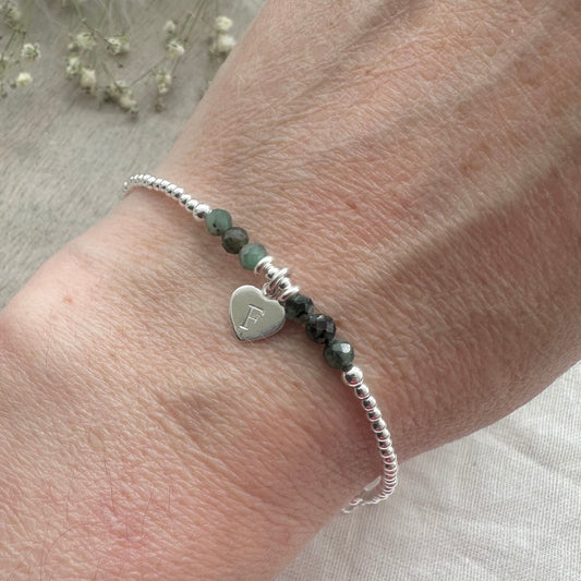 Personalised May Birthstone Bracelet, Dainty Emerald Bracelet in Sterling Silver