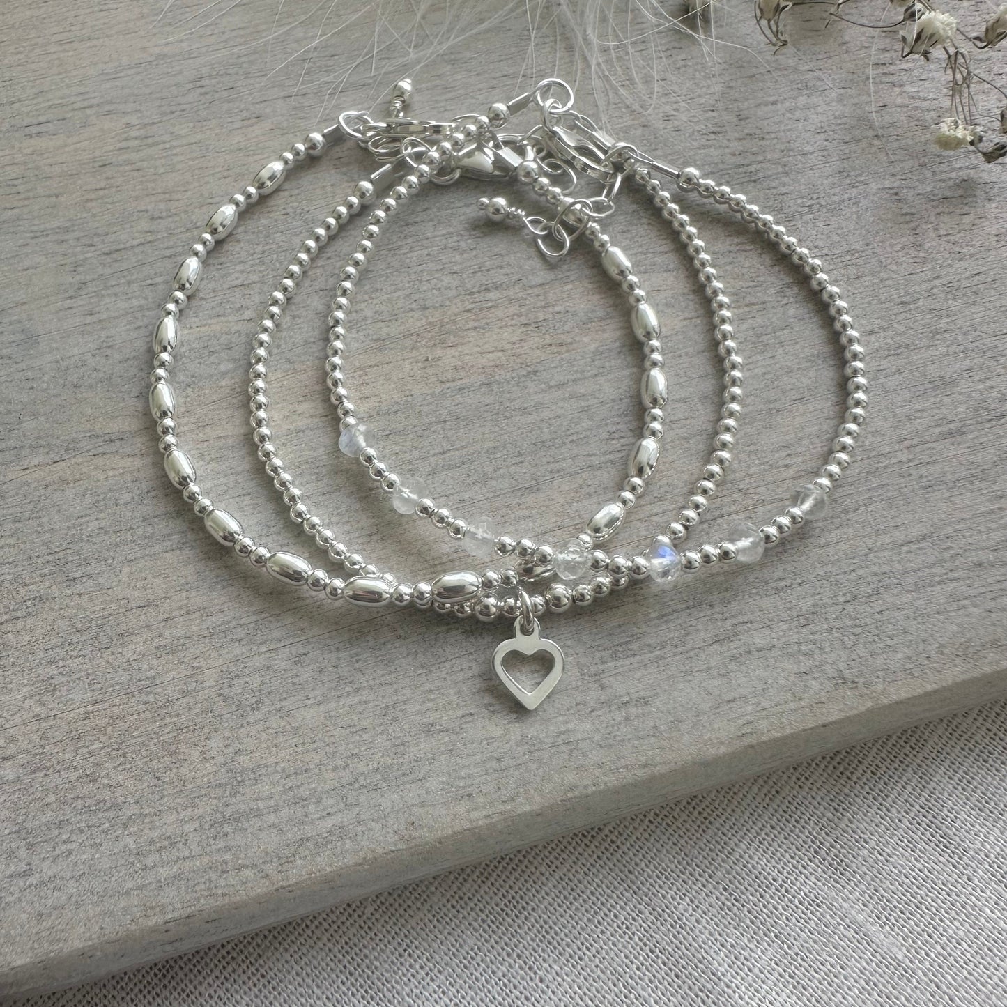 A Dainty June Birthstone Moonstone Bracelet Set, June Stacking Bracelets for Women in Sterling Silver